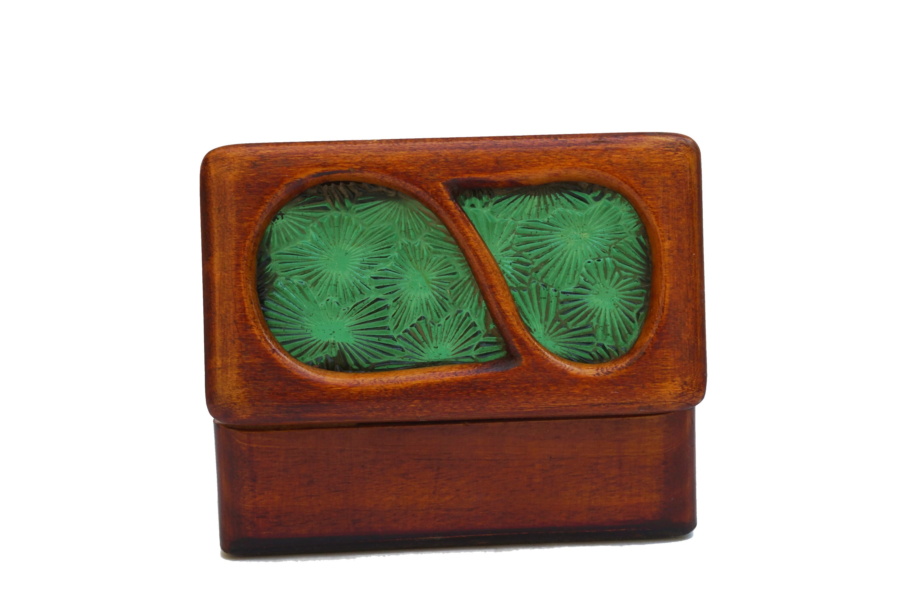 Art Deco Wood Stamp Box with Glass Lid