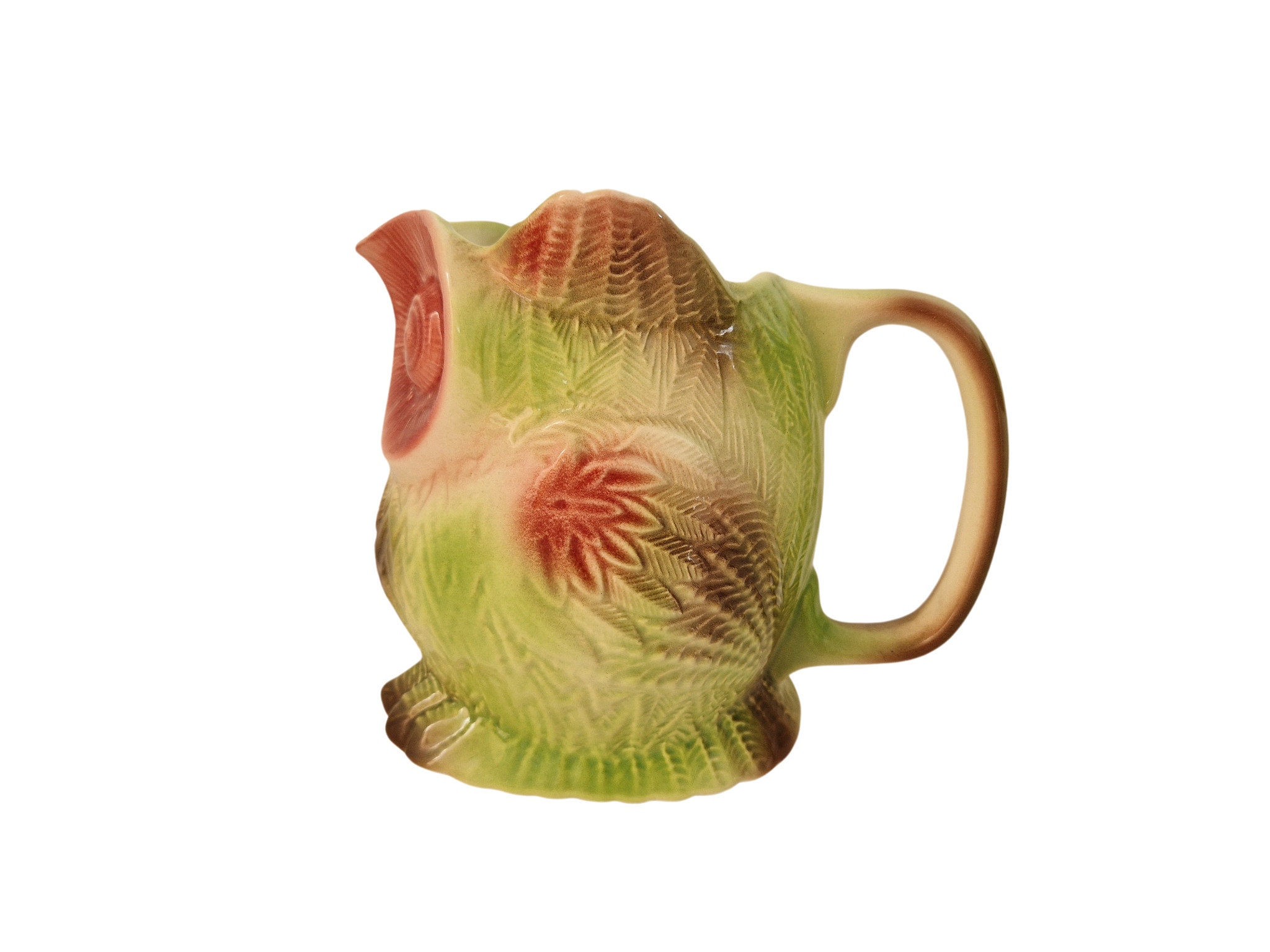 French Vintage Majolica Owl Pitcher, Luneville Ceramic Figural Animal