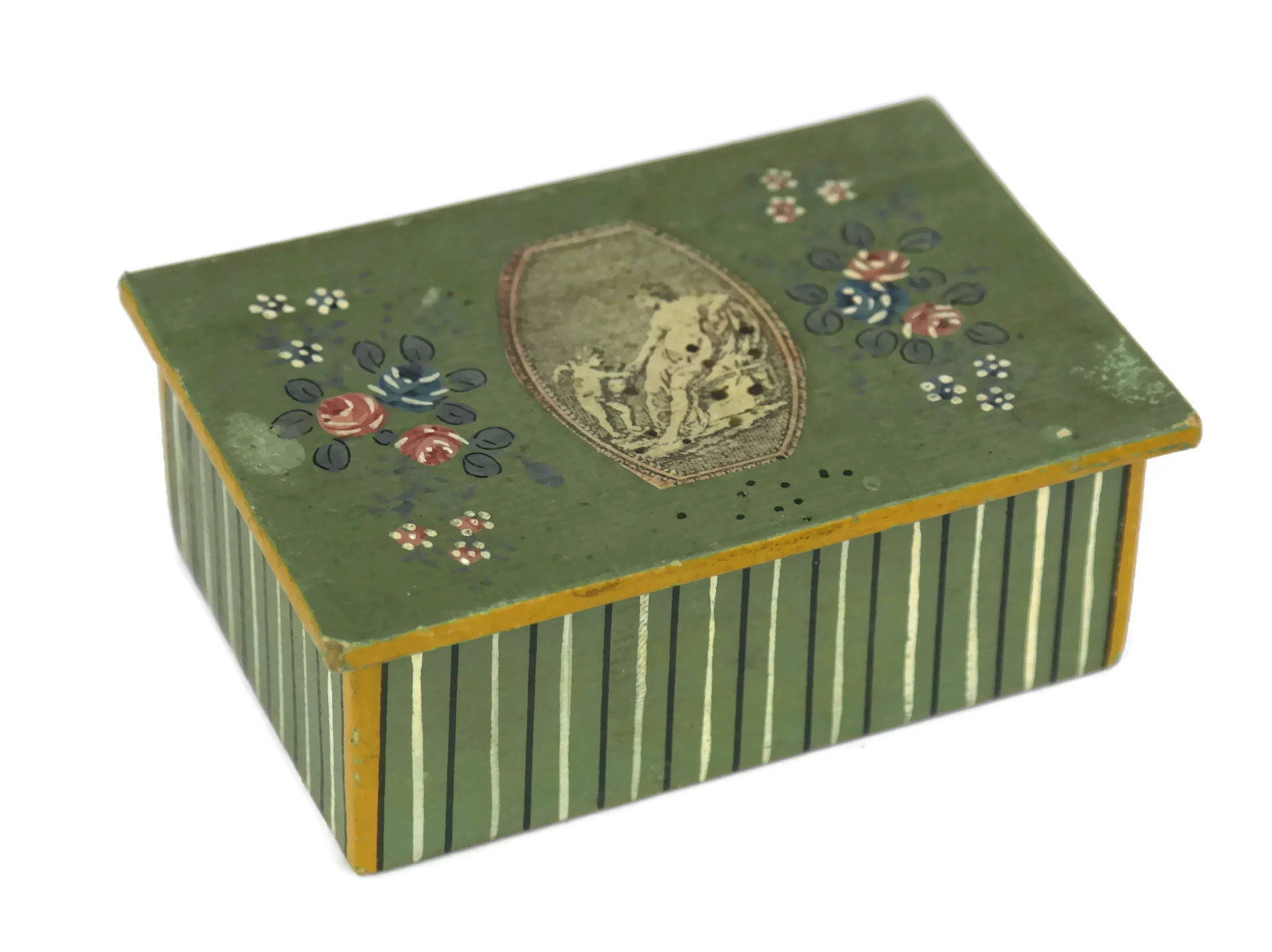 Antique French Match Box with Decoupage and Hand Painted Flowers.