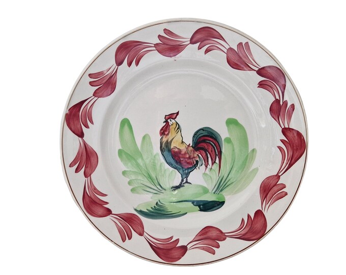 Hand Painted French Ironstone Rooster Plate by Saint Amand, Rustic Farm Kitchen Decor
