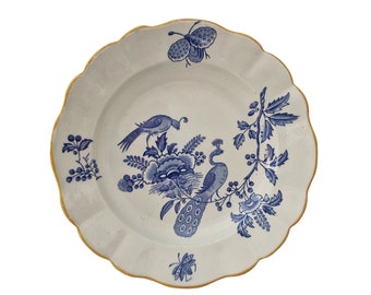 Antique BFK Soup Plate with Peacock and Insects Decor, Blue, White and Yellow Boch Frères Keramis Paon Pattern