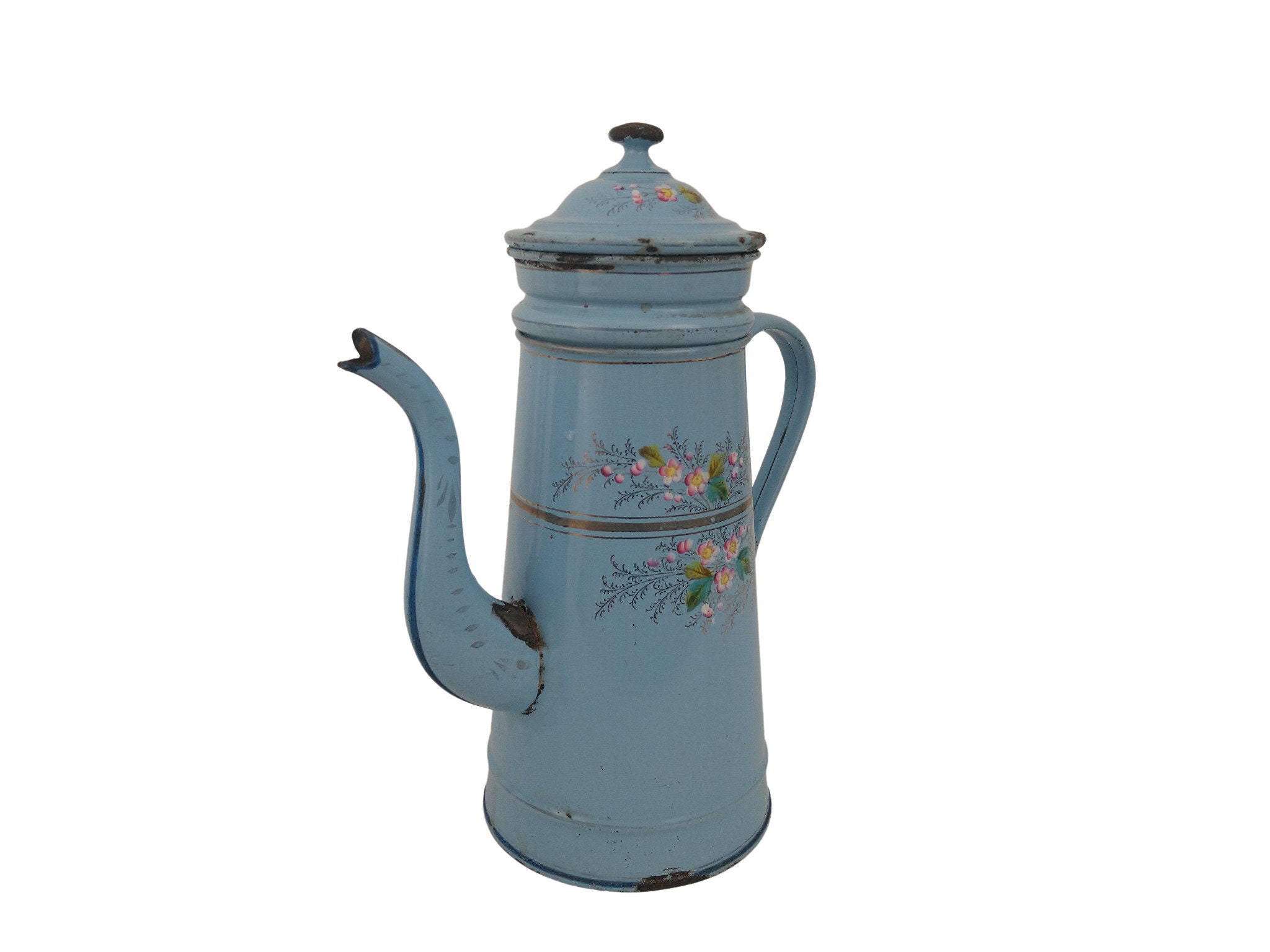 Antique French Enamel Coffee Pot with Hand Painted Flowers, Blue