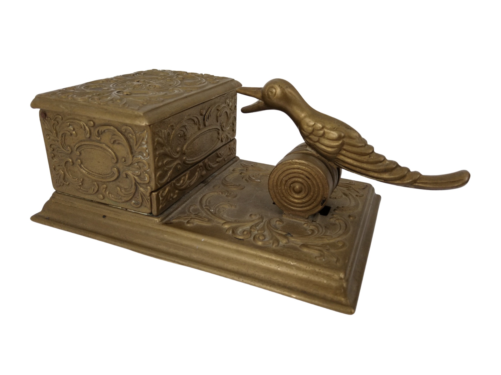 Vintage Brass Cigarette Dispenser Box with Mechanical Bird Figurine