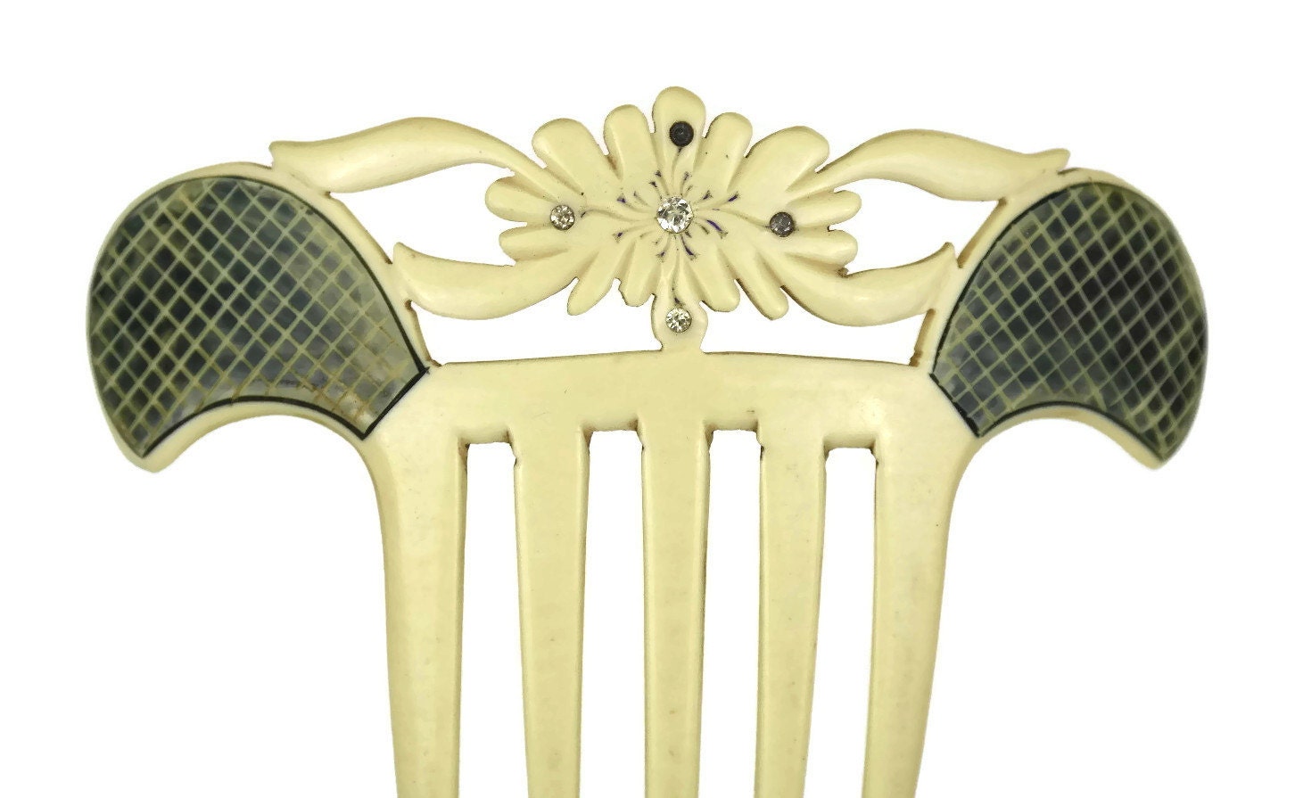 Antique Bone Hair Comb with Rhinestones. Mantilla Comb.