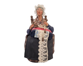 Santon de dentellière vintage français, figurine de vieille dame provençale en terre cuite, poupée d'art populaire provençal