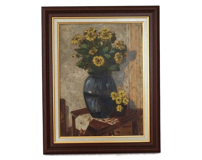 Yellow Flowers in Vase Painting, Antique French Floral Bouquet Still Life Art
