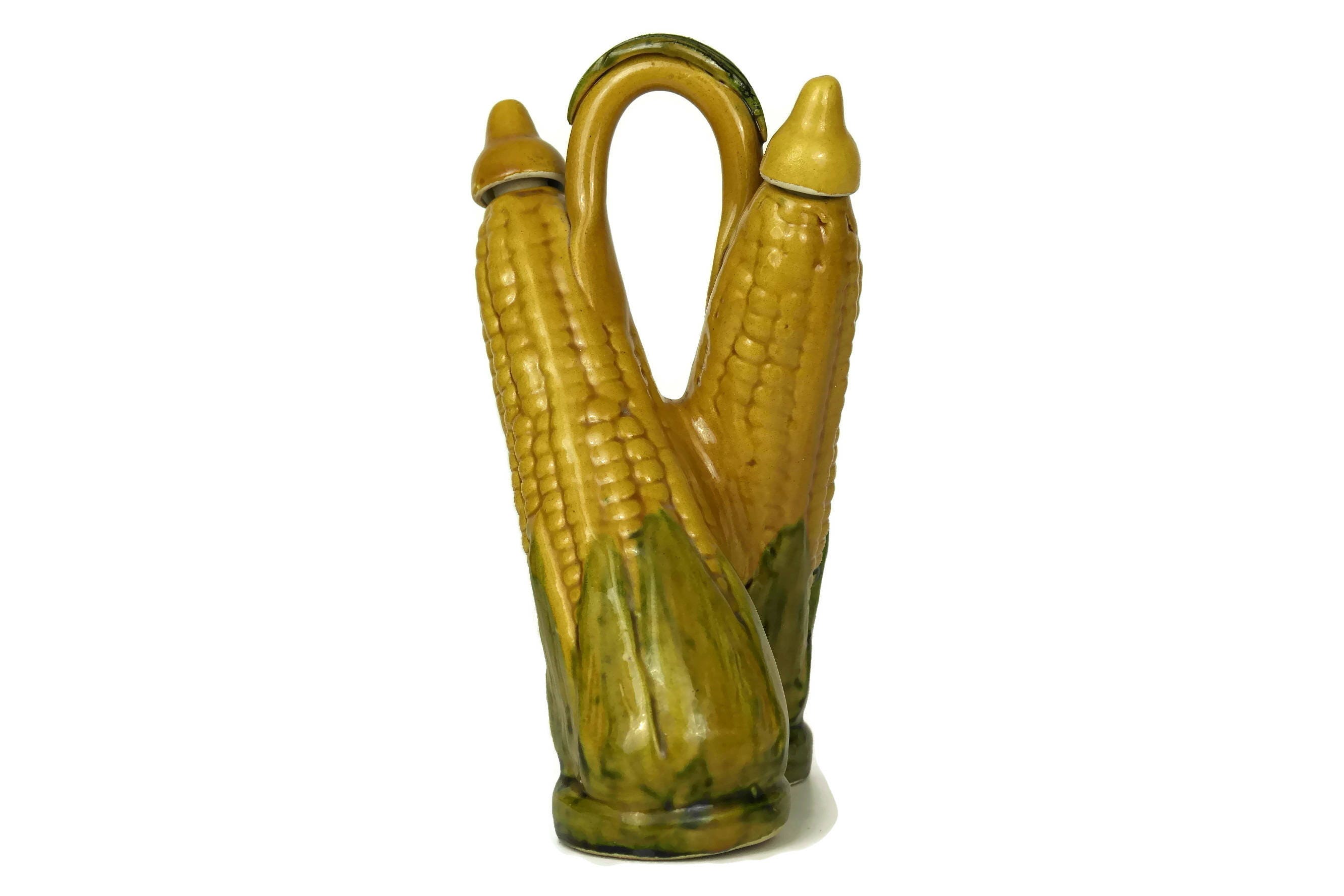 Majolica Corn Cob Oil and Vinegar Set. French Vallauris Olive Oil and
