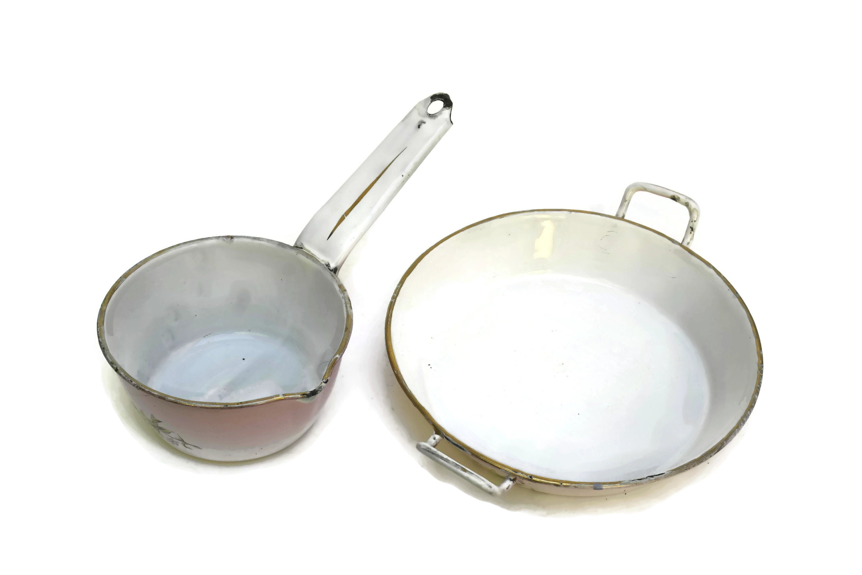 Shabby French Enamel Saucepan Set. Antique Pink Flower Enamelware Pans