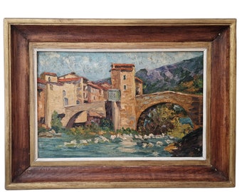 Provence Country Landscape Painting with Village of Sospel, French Original Signed Wall Art