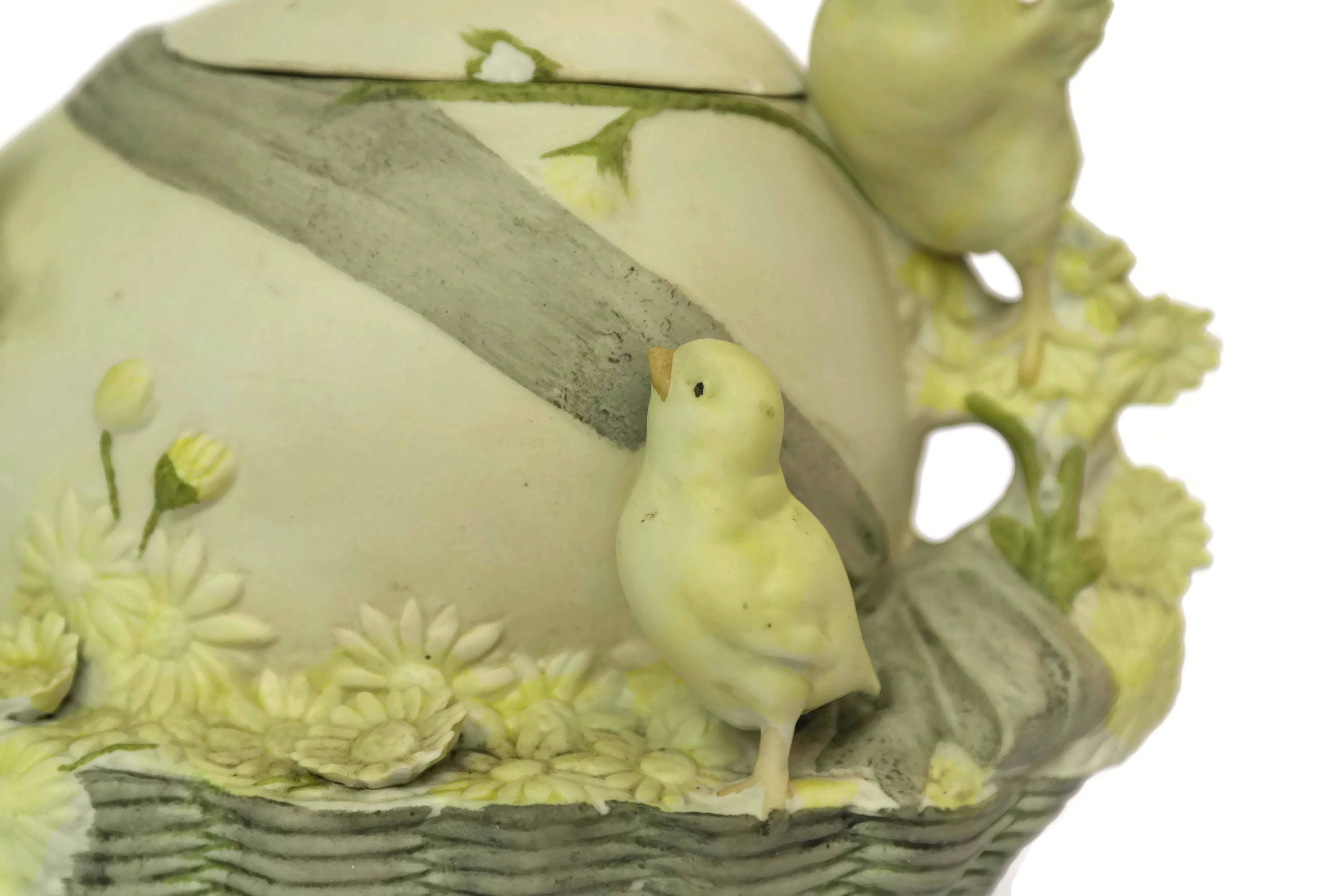 Porcelain Easter Egg Box with Chick Figures. Antique Bisque Trinket Box