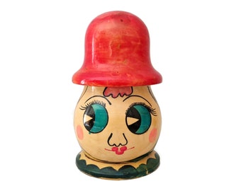 1970s Wooden Mushroom Coin Bank with Hand Painted Cartoon Face, Vintage Novelty Piggy Bank
