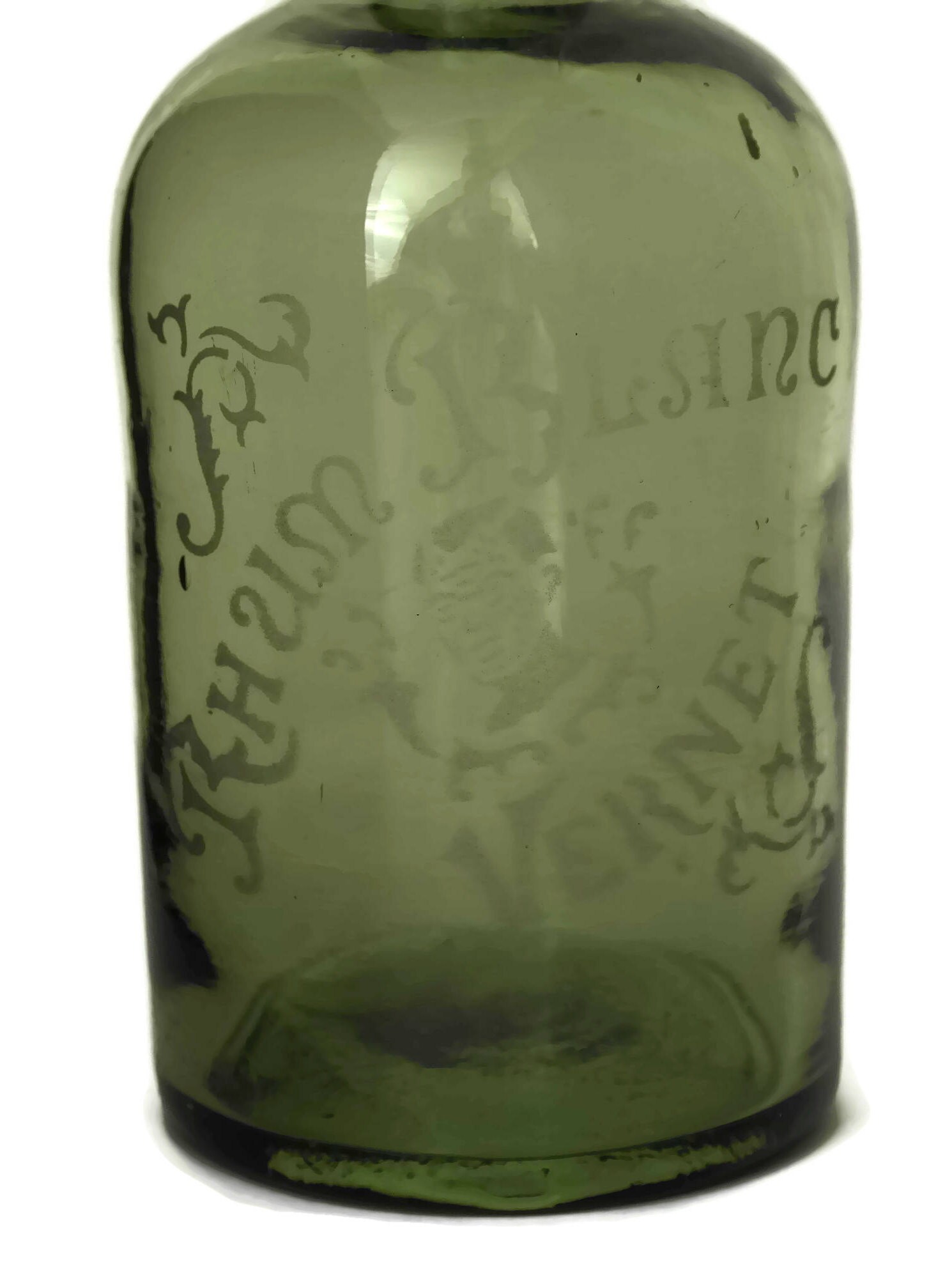 Antique Rum Bottle. Etched Green Glass Rhum Blanc Bottle. French