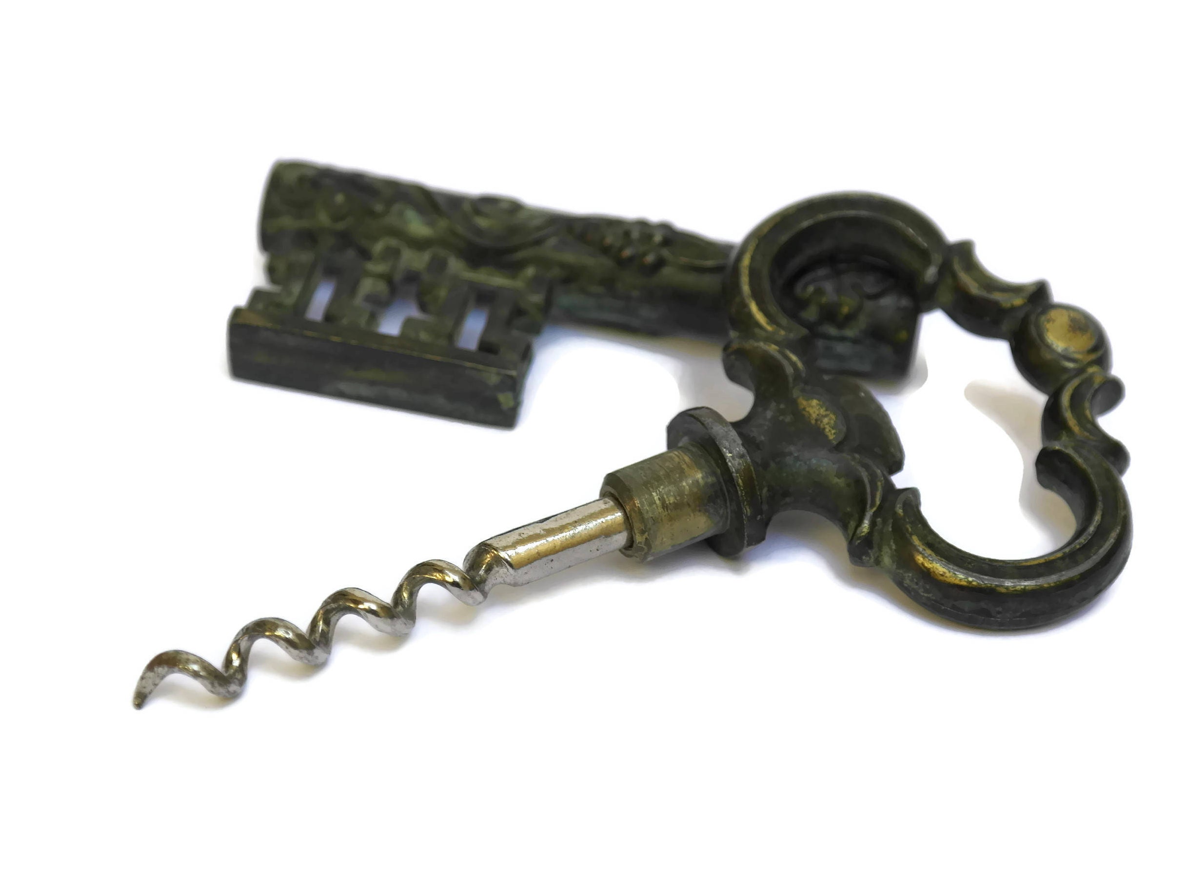 Vintage Brass Key Corkscrew. Skeleton Key Bottle Opener. Mid Century