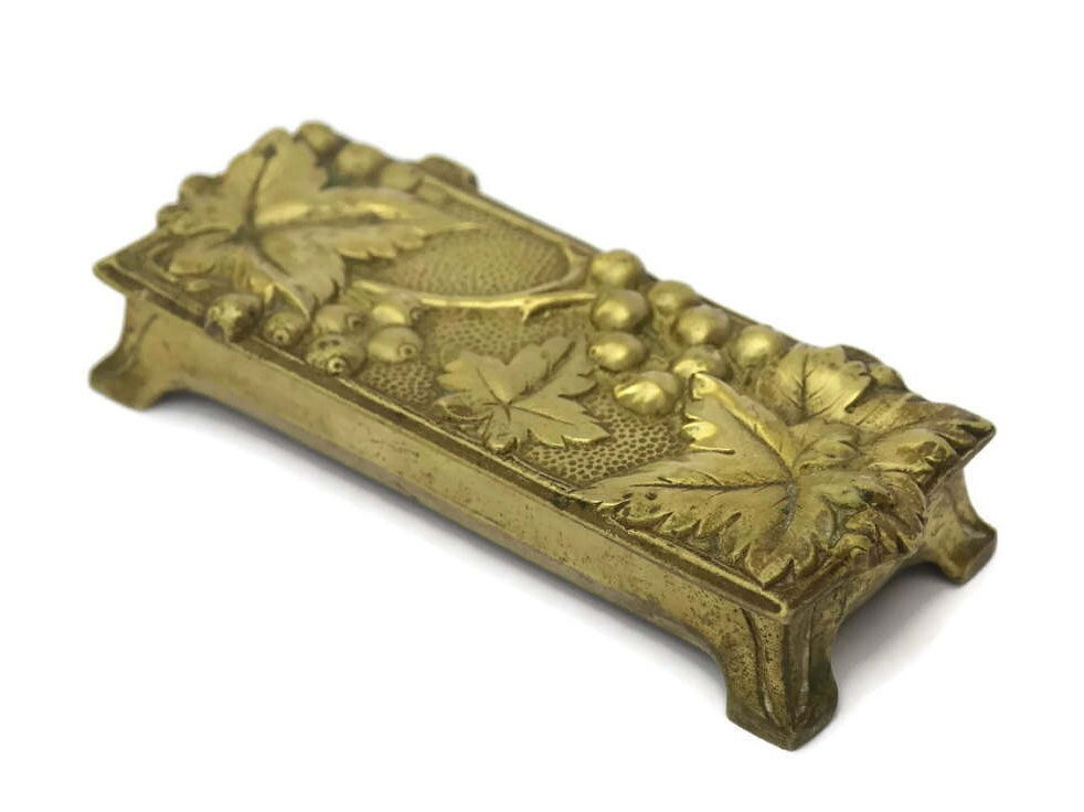 Vintage Brass Stamp Box with Grapes & Vine Leaves. Brass Desk Decor.