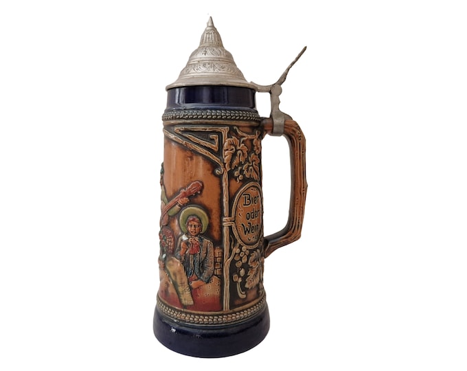 West German Gerz Beer Stein, Ceramic Tavern Scene Tankard Mug