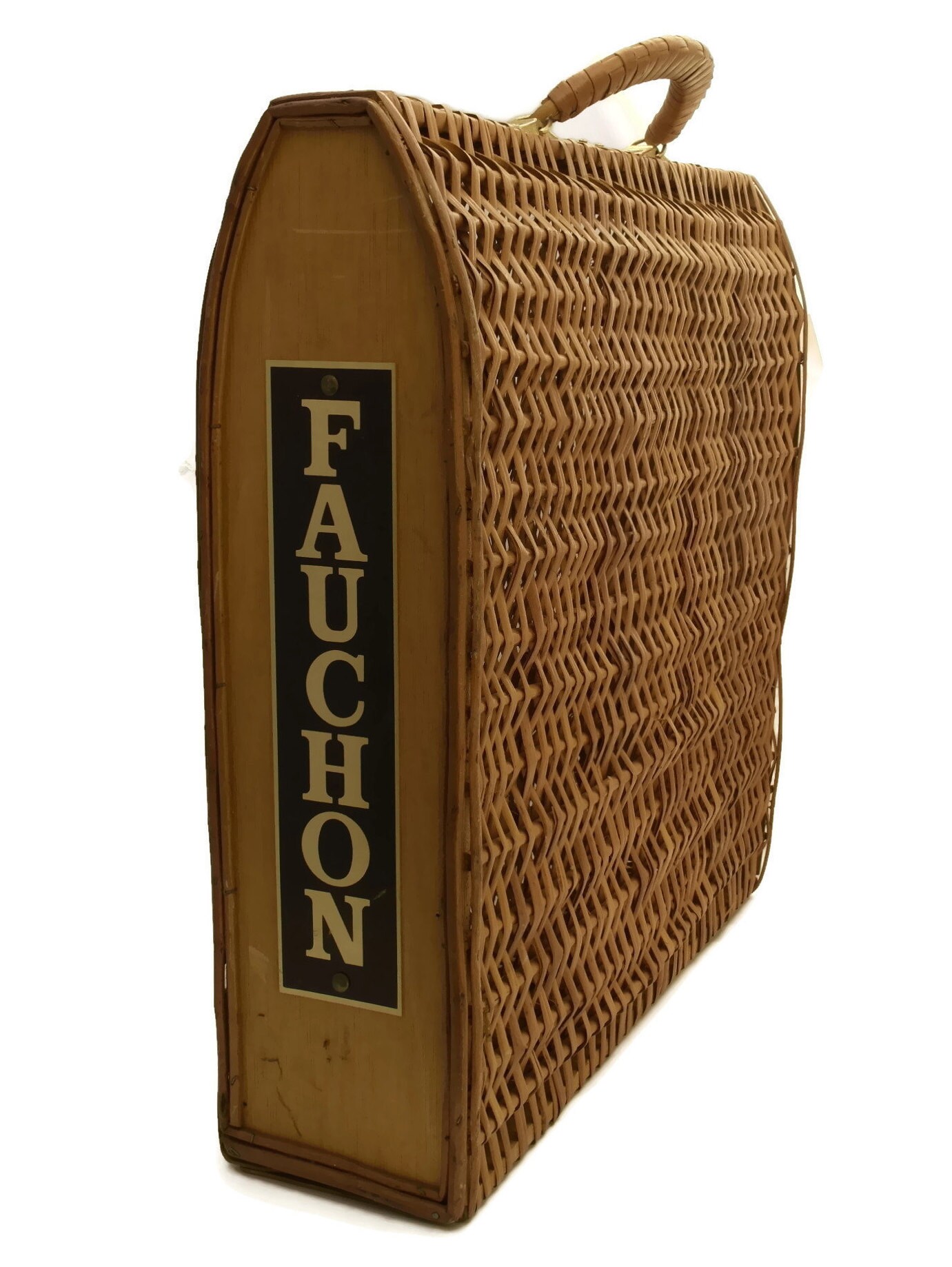 Vintage French Wine Carrier Basket with Advertising for Fauchon, Paris