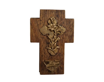 French Antique Wood Holy Water Font with Brass Reservoir and Crucifix, Wall Hanging Cross and Stoup