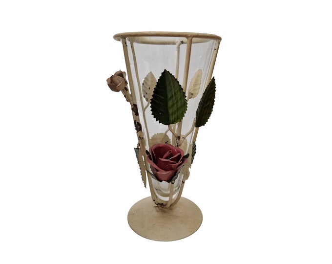 Tole Flower Glass Cone Vase with Metal Rose and Leaf Stand