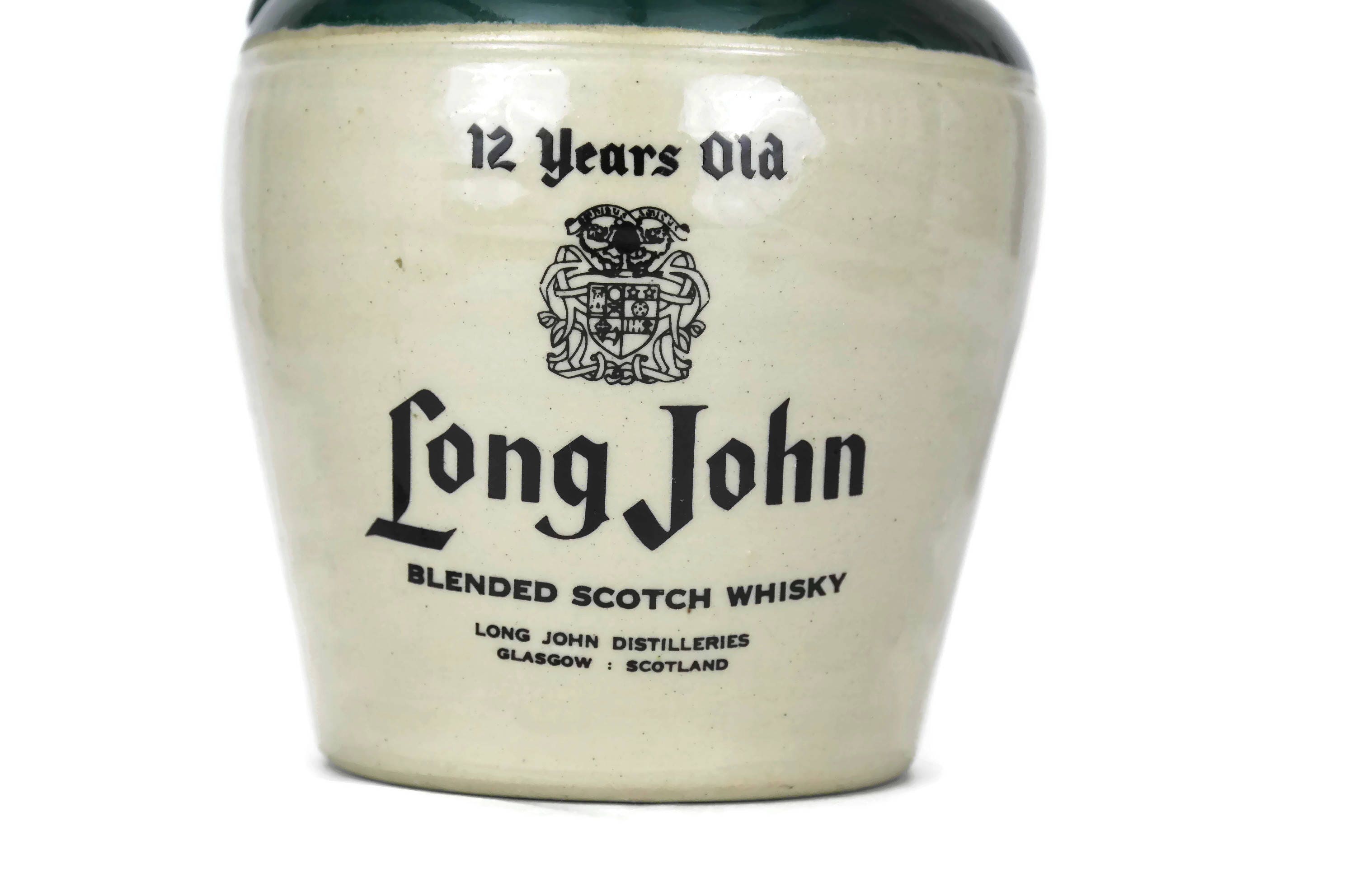 Vintage Long John Scottish whiskey Stoneware Jug. TwoToned Handled ceramic Pitcher. Scotch