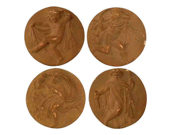 French Putti Terracotta Plaques, Set of 4 Bas Relief Allegorical Wall Hanging Medallions