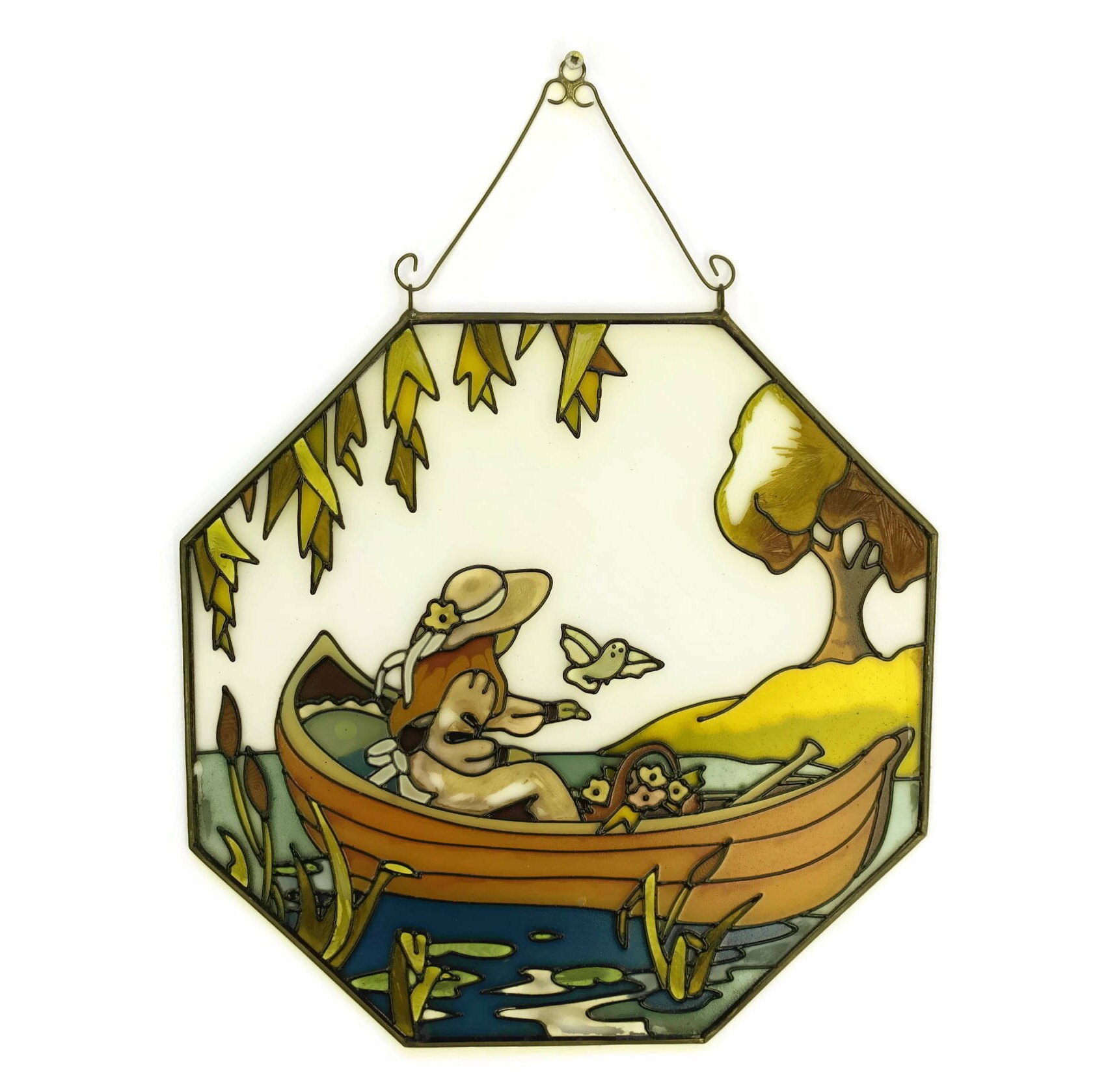 Vintage Stained Glass SunCatcher. Hand Painted Glass Picture of Girl In