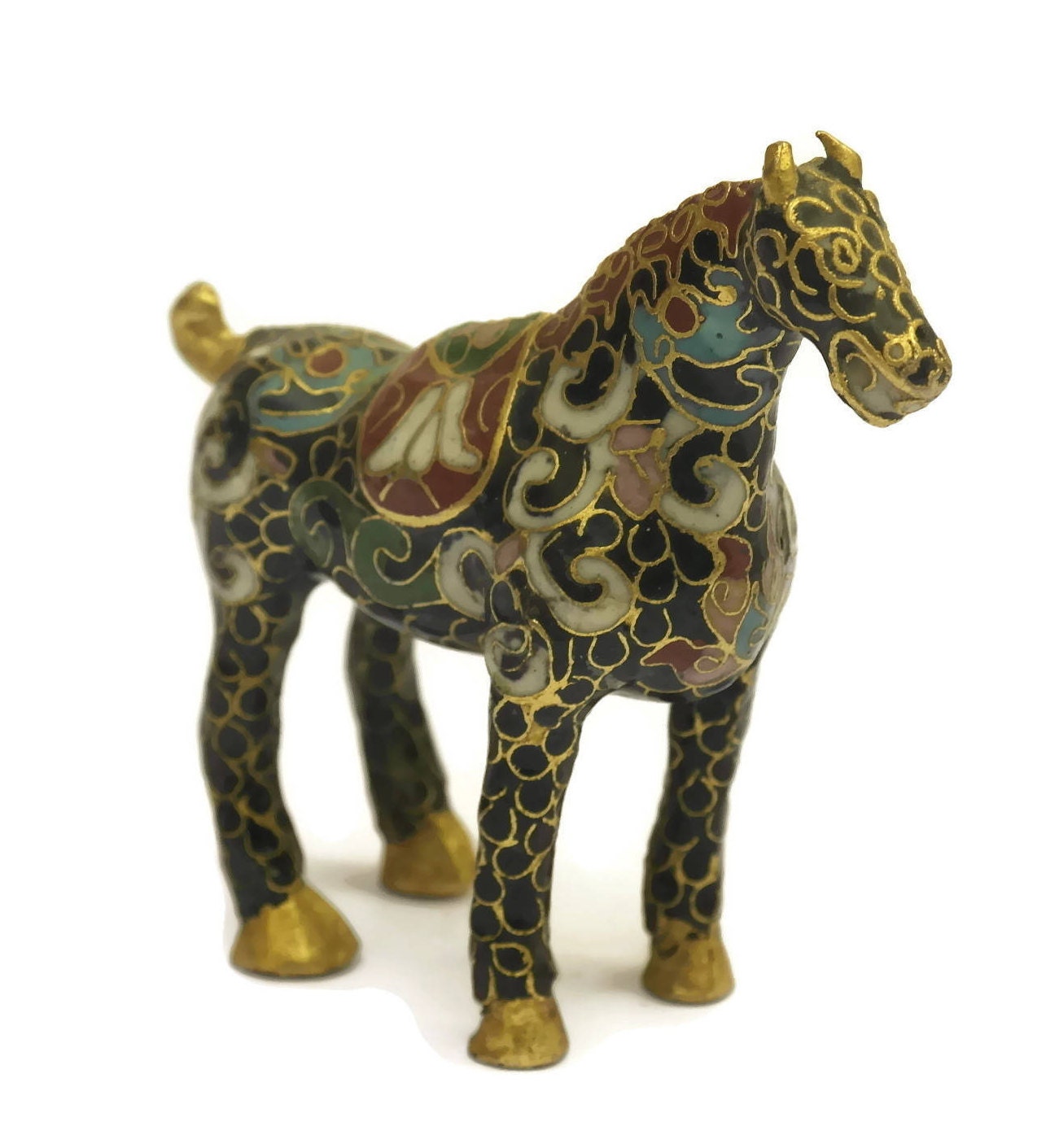 Vintage Brass and Enamel Cloisonne Horse Figurines.