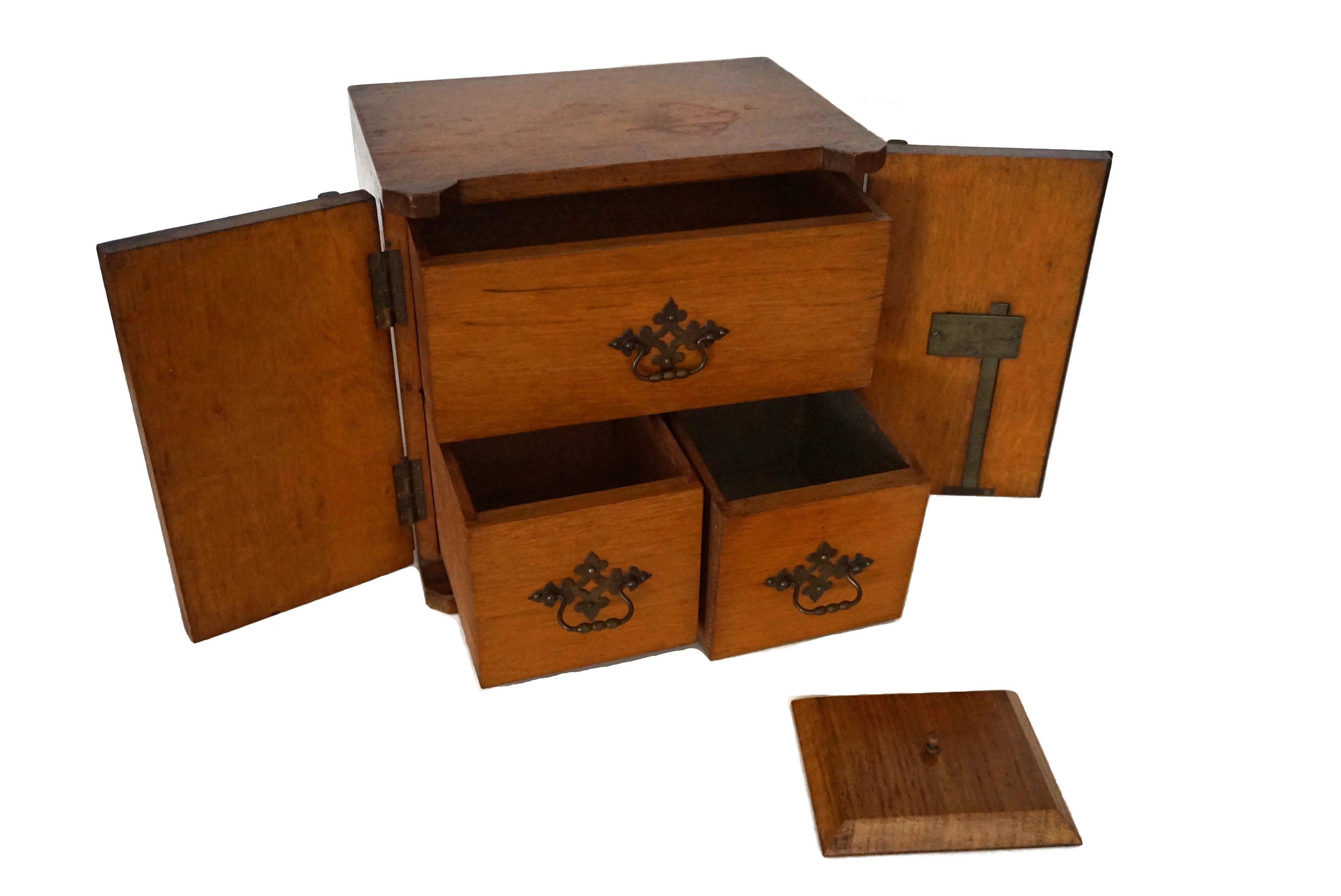Antique Victorian Wooden Tea Caddy Box with 2 Doors and 3 Drawers