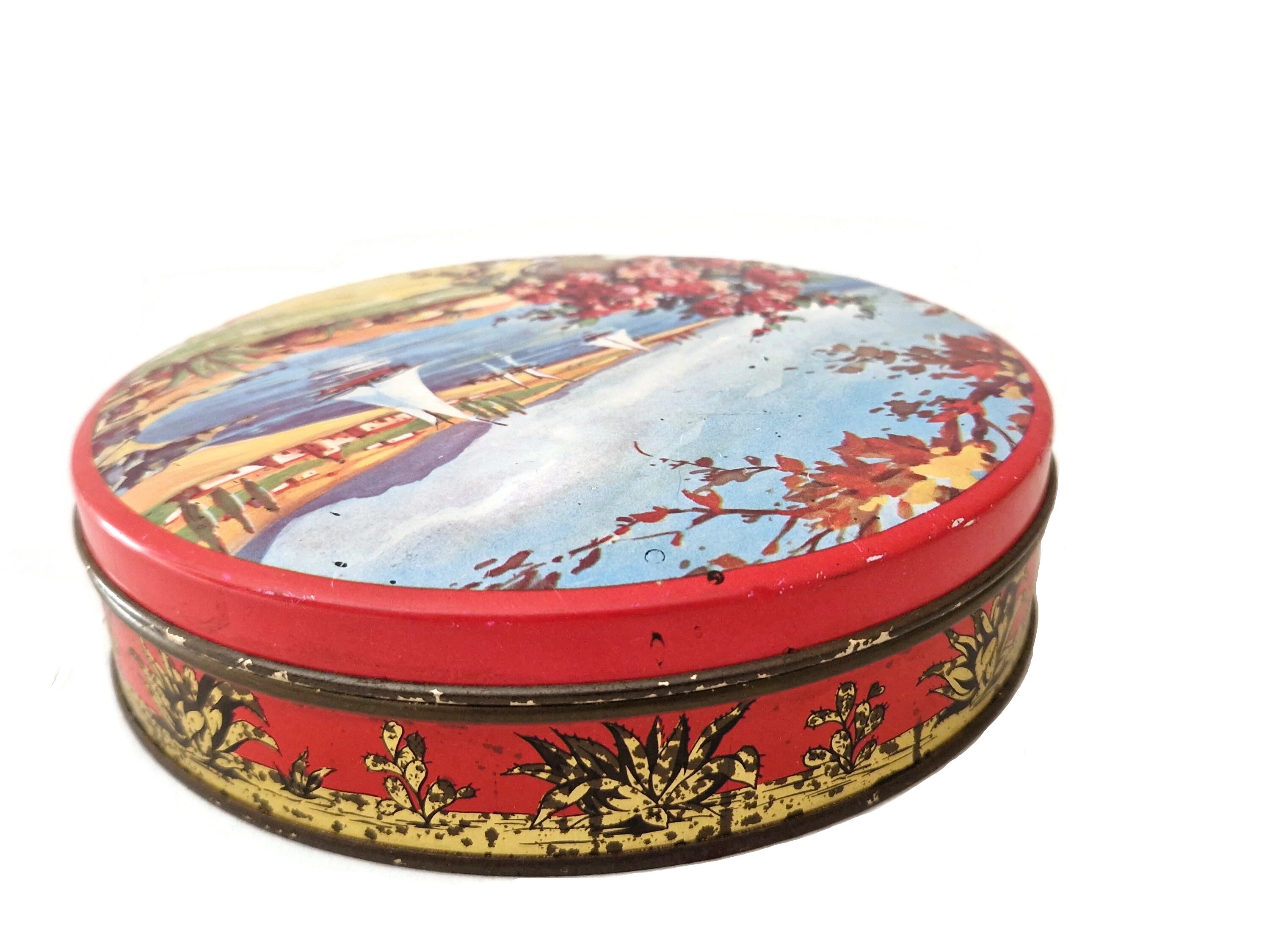 Vintage French Candy Tin Box with Sailing Boats and Mediterranean