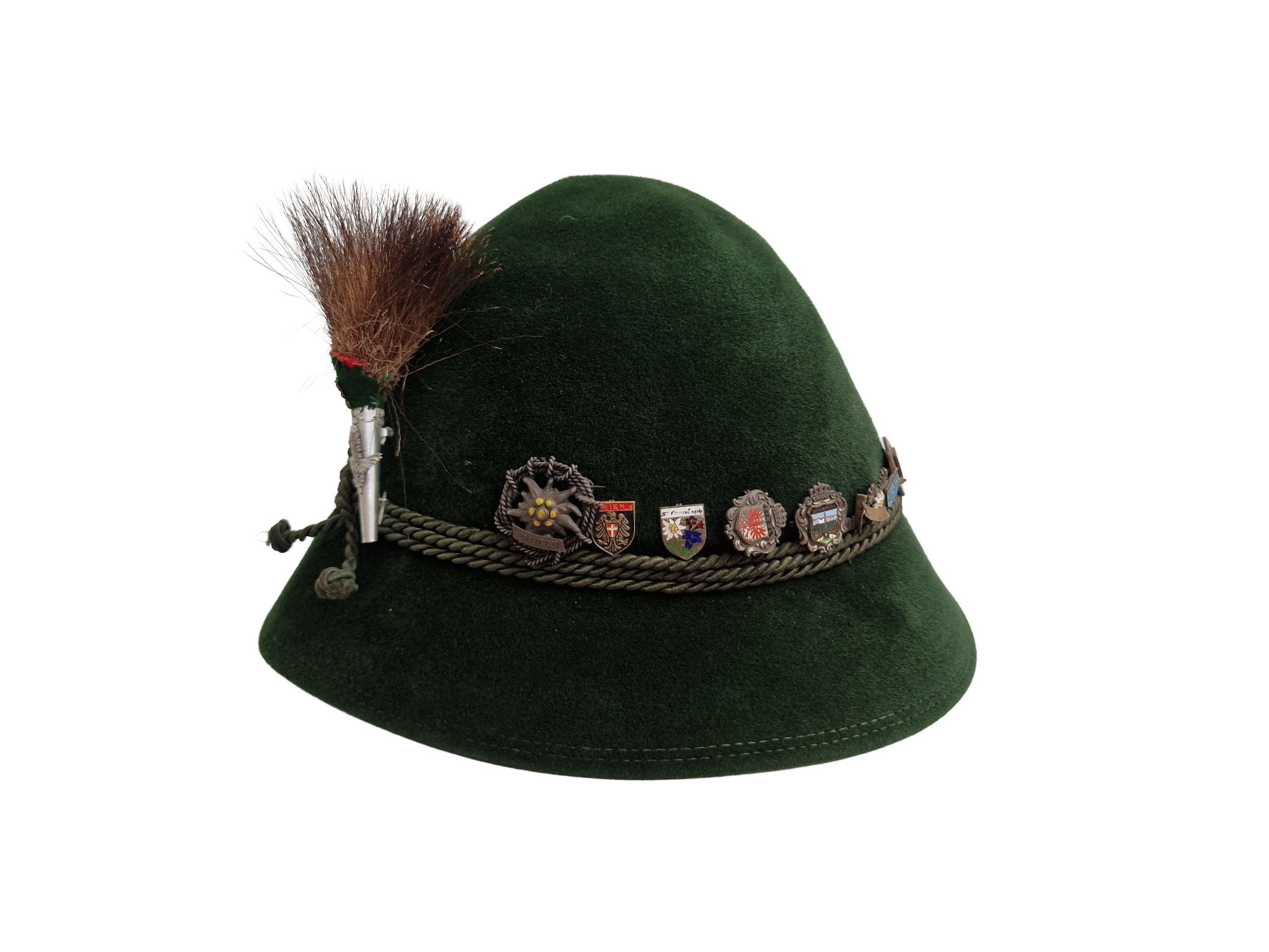 Vintage Tyrolean Hat with Brush and Pins, Traditional Austrian Folk Costume