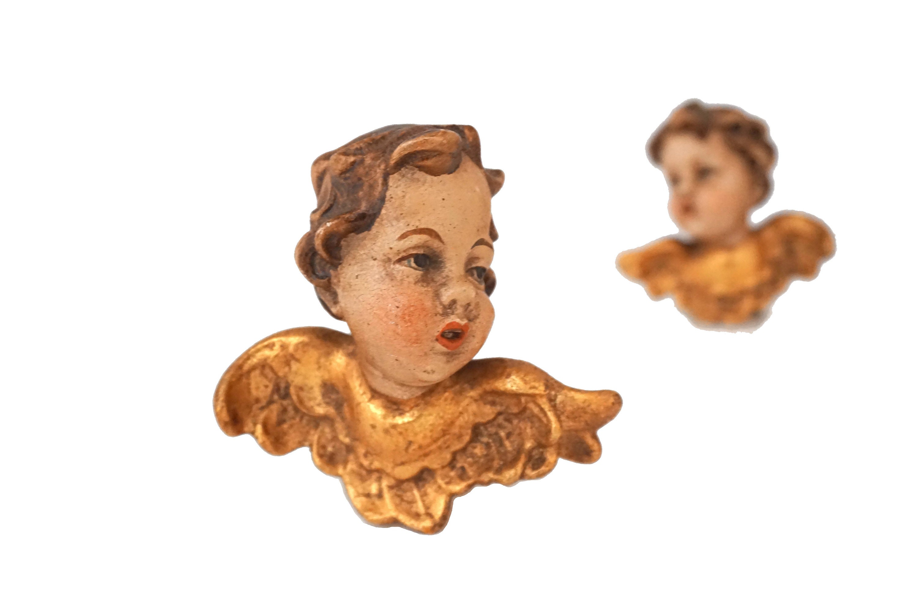 Hand Carved Cherub Putti Head Figurines, German Wooden