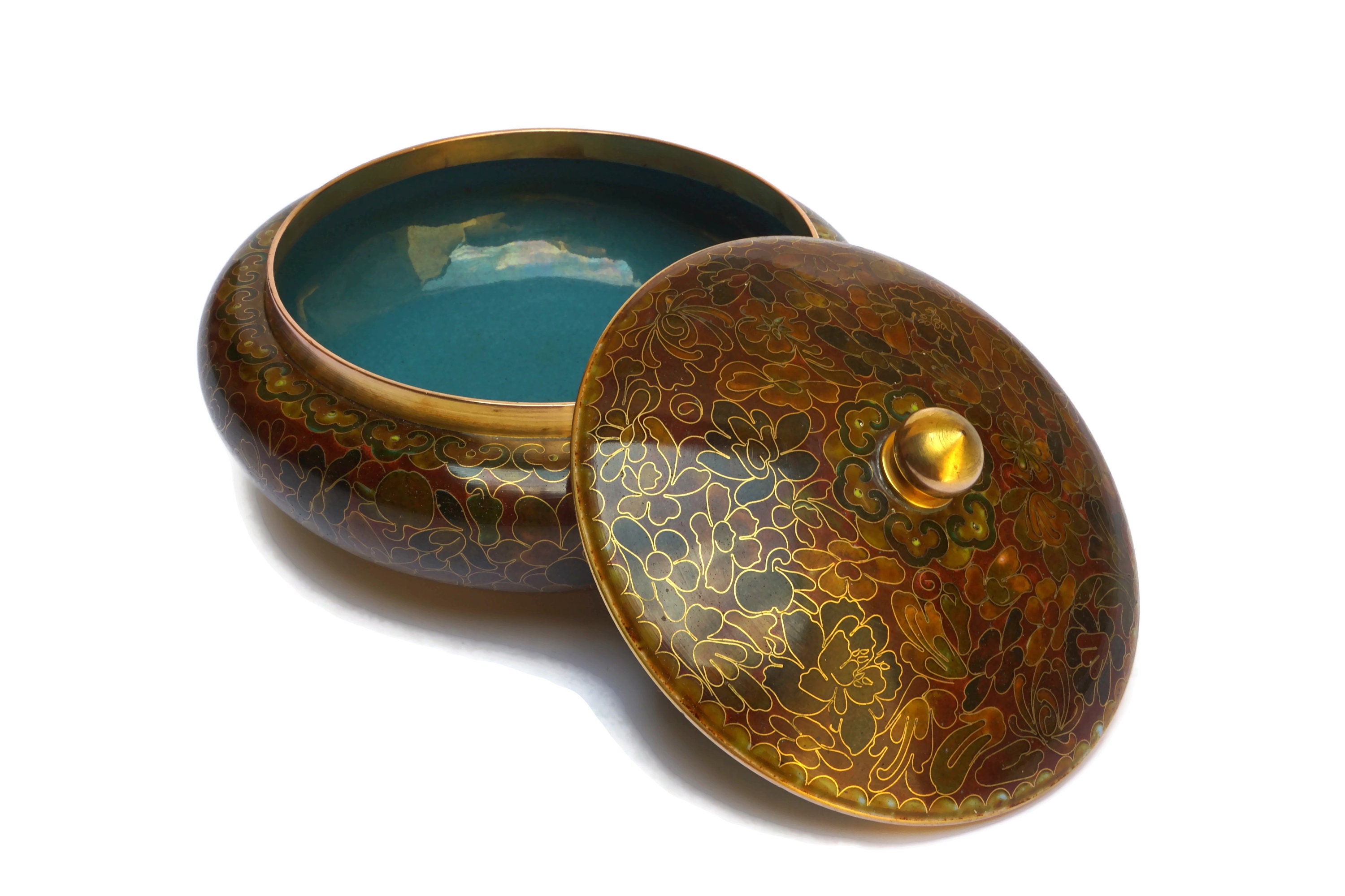 Chinese Cloisonne Bowl with Lid, Enamel and Brass Asian Bowl