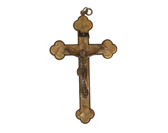 German Hanging Crucifix Pendant, Vintage Faux Mother of Pearl Gothic Cross