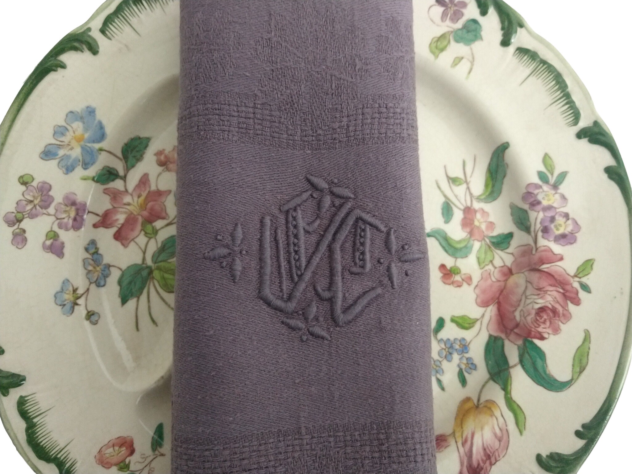 Antique French Linen Napkins, Set of 4, Lilac Monogram Serviettes with Embroidered Initials Y C