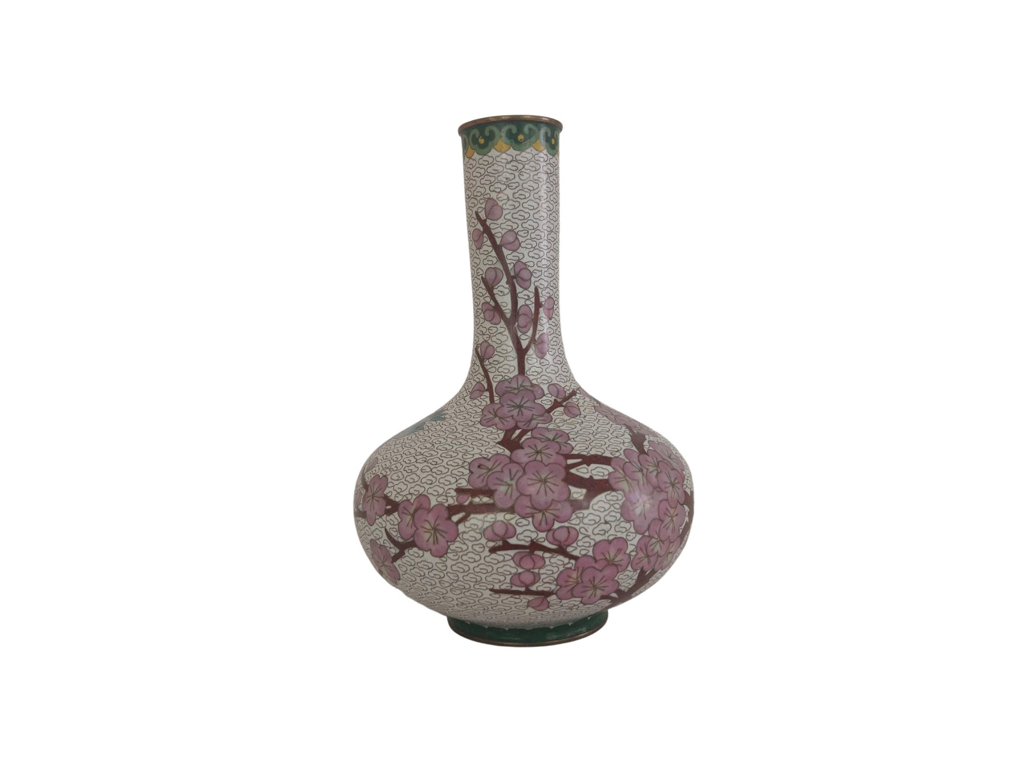 Vase Cloisonné Chinois Vintage avec Fleurs de Cerisier, Émail et Laiton Décor Asiatique