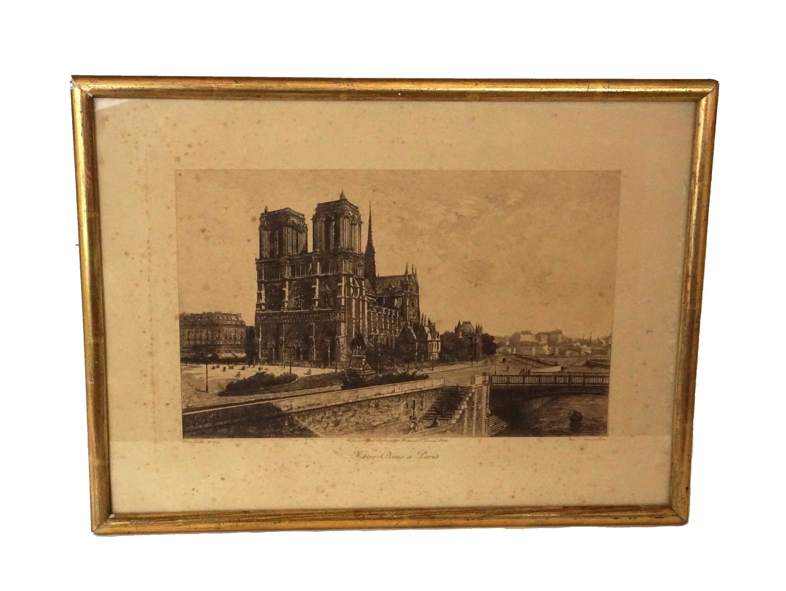 Antique French Notre Dame Etching by Lucien Gautier, Paris Cathedral Scene Art Print Souvenir