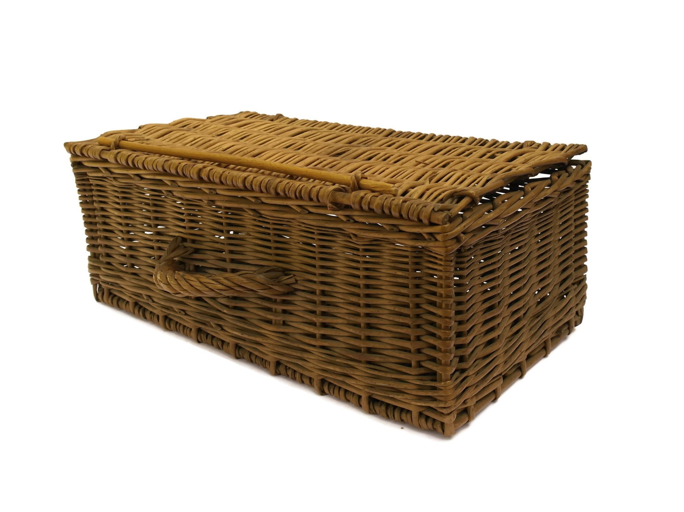 Antique French Wicker picnic Basket. Rustic Storage Basket with Lid and