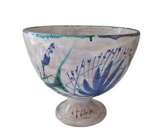 Art Pottery Fruit Bowl with Thistle Flowers by Le Brescon, French Mid Century Ceramic Centerpiece