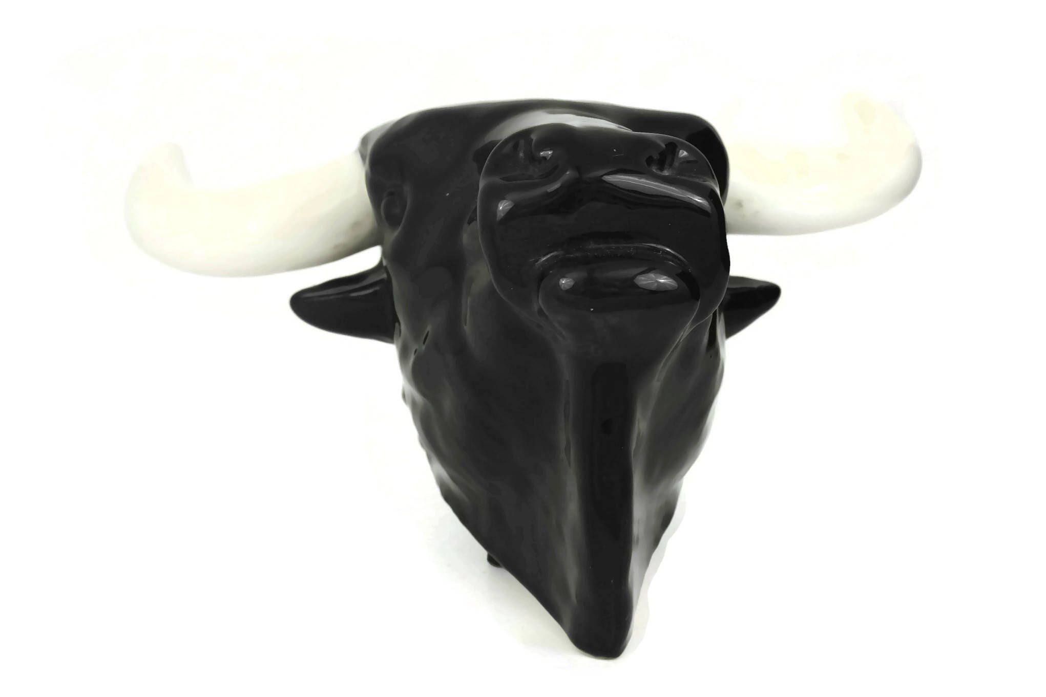 Ceramic Bull Head Trophy. Mid Century Pottery Animal Figure. French