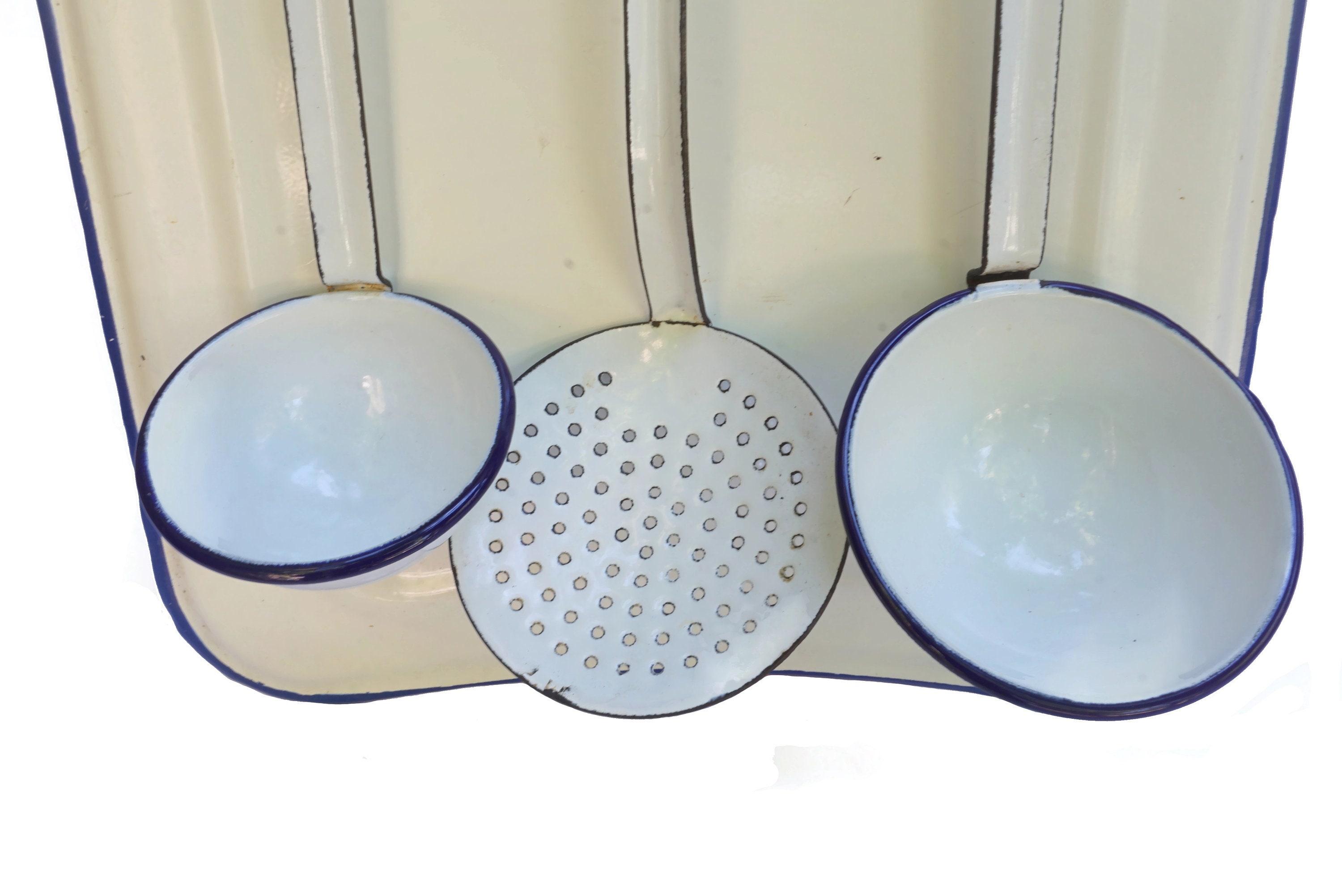 Enamel Kitchen Utensil Rack Holder with Ladles and Skimmer, French