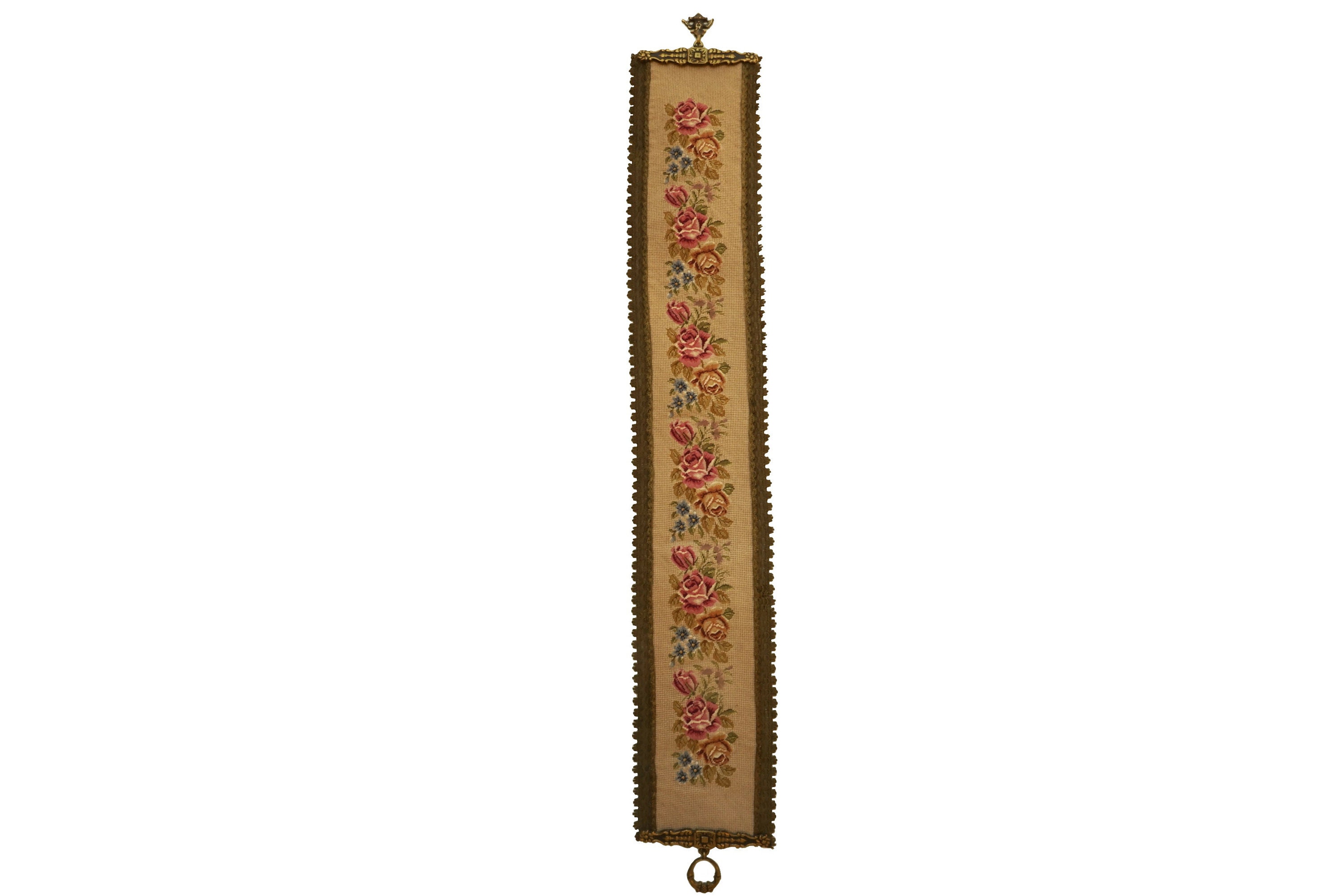 French Rose Tapestry Bell Pull, Vintage Needlework Flower Wall Hanging