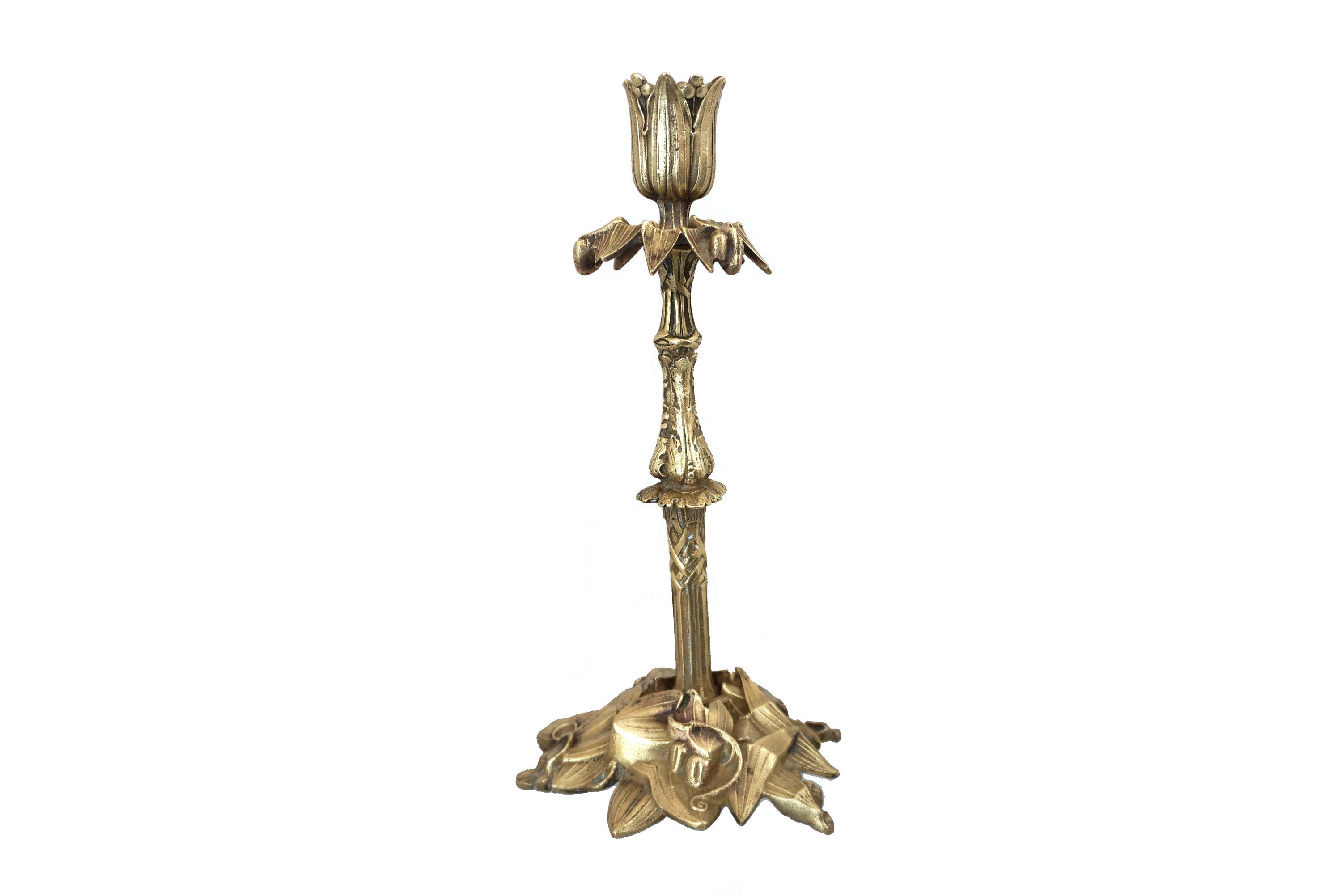 Antique French Bronze Candle Holder with Leaves and Berries, 19th