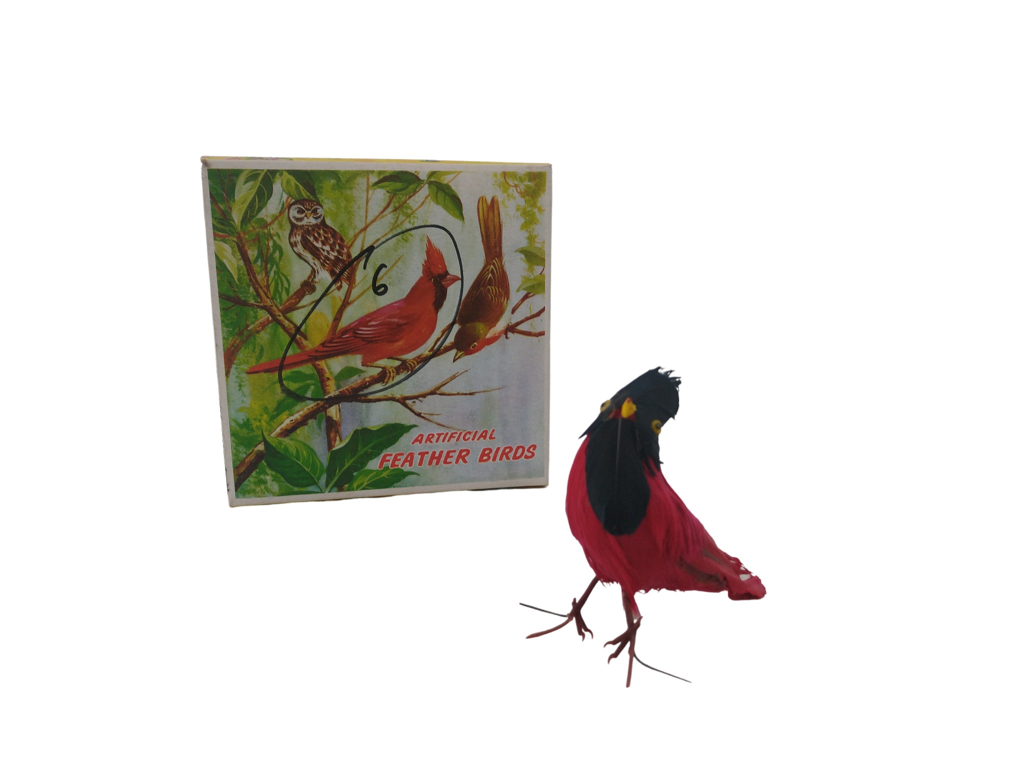Figurines Vintage Cardinal Bird Ornament avec Plumes, Set de 6, Made in Honk Kong