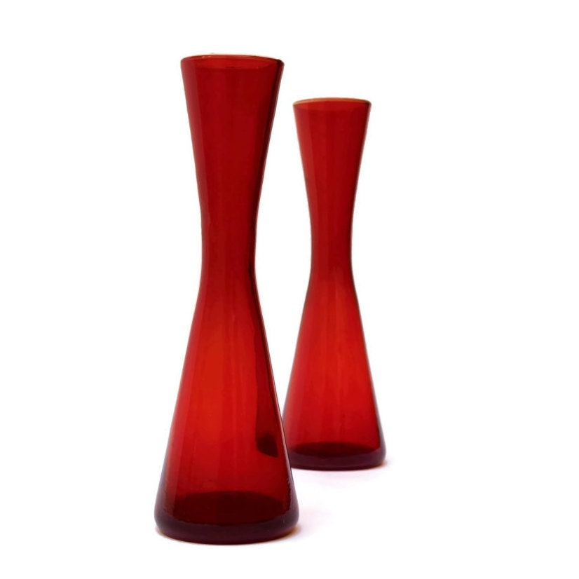 Pair of Ruby Red Mid Century Glass Vases. Red Glass Waisted Vases.