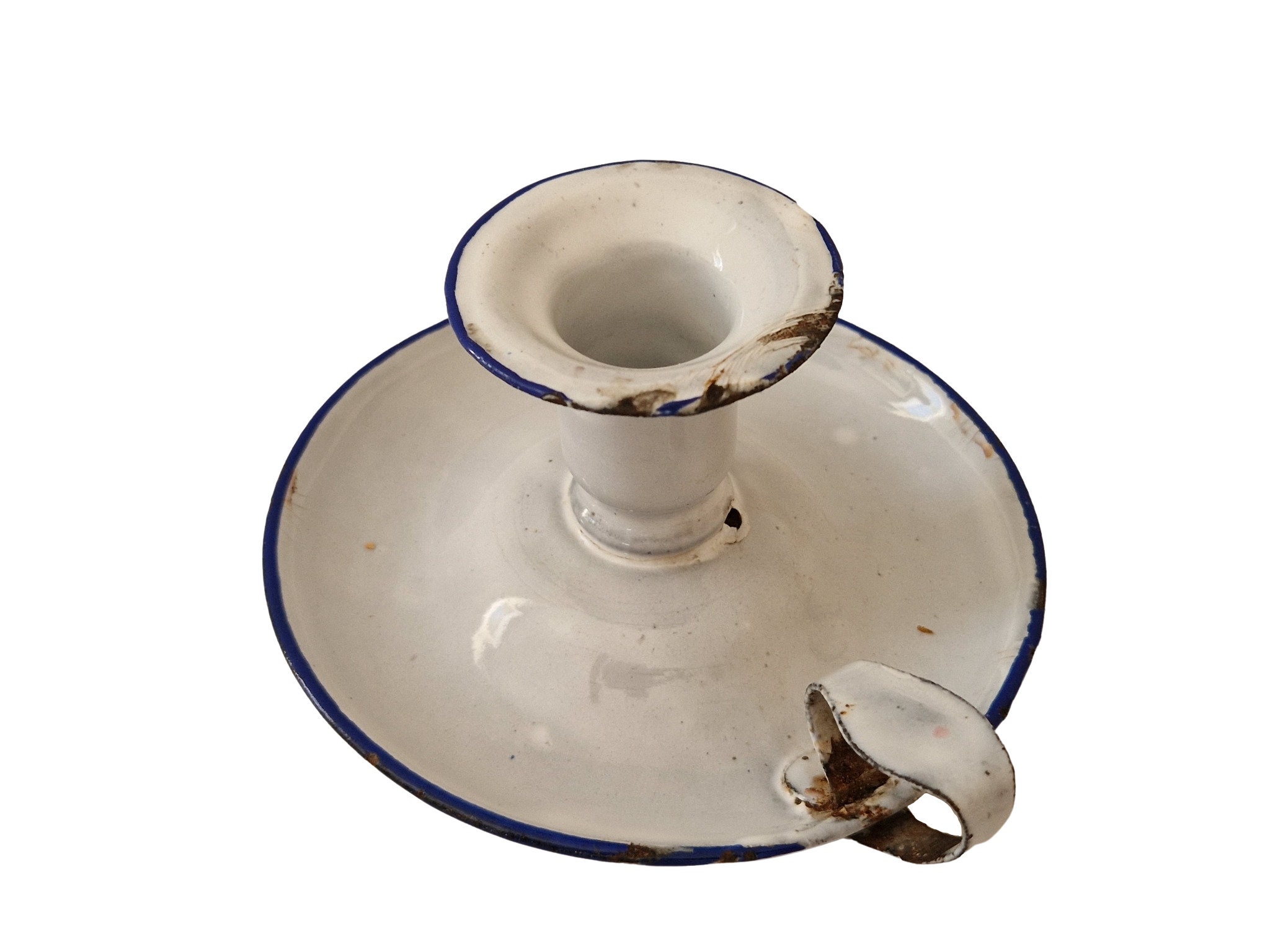 Antique Shabby French Enamel Candlestick Holder with Handle, Enamelware