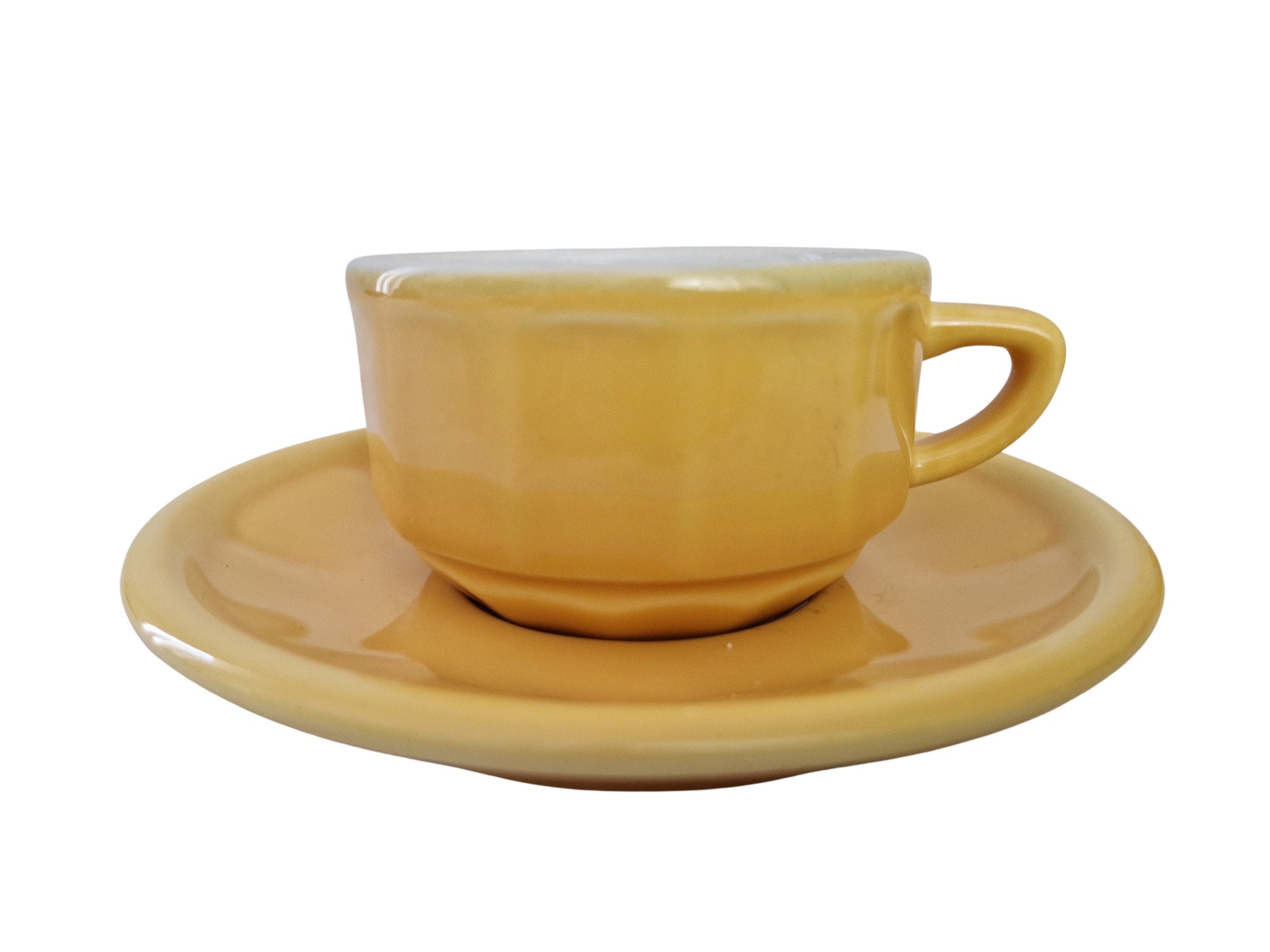 1970s Yellow French Cafe Espresso Cups and Saucers Pair, Ceramic Coffee Set