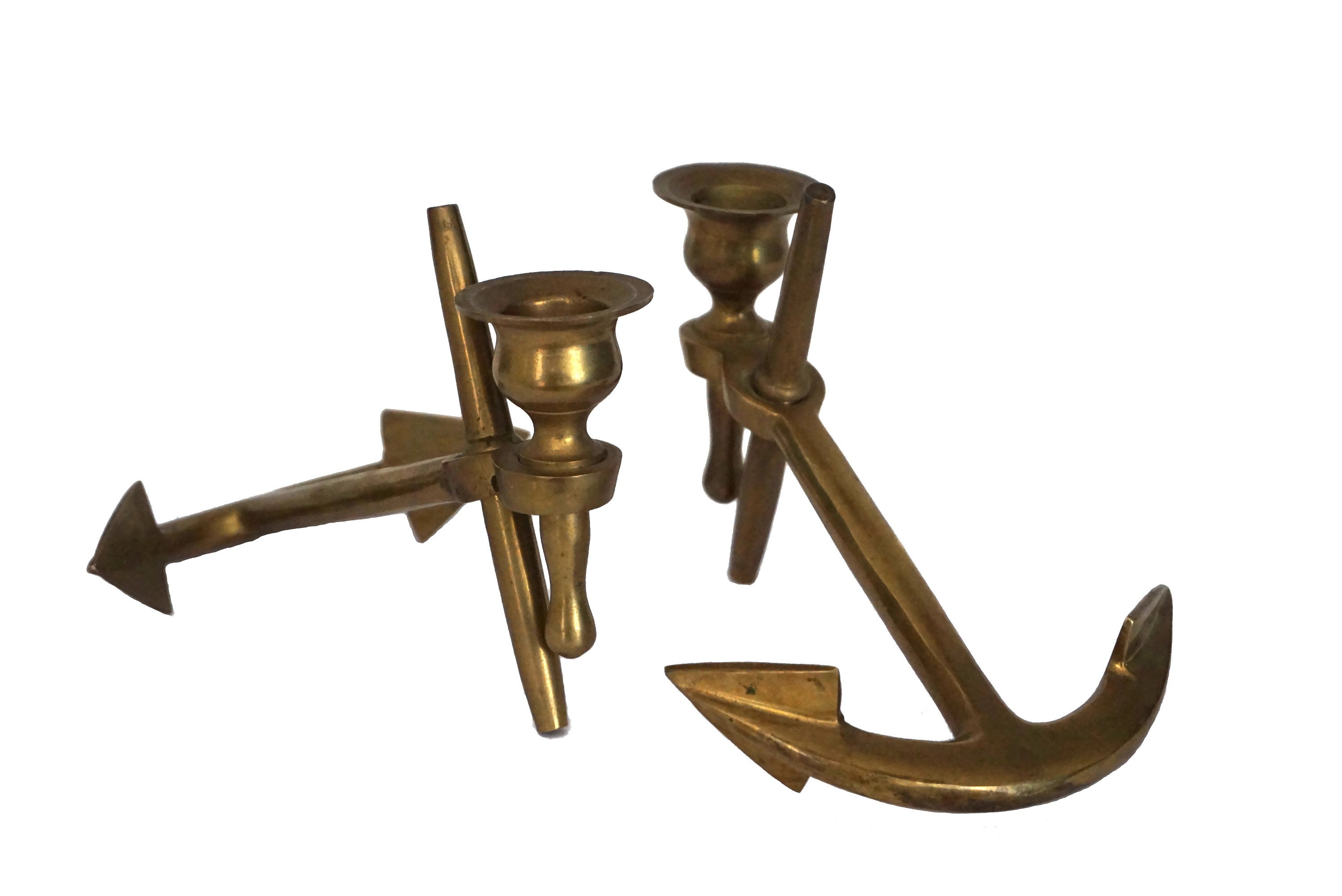 Brass Anchor Candle Holder Pair, Vintage Nautical and Coastal Home Decor