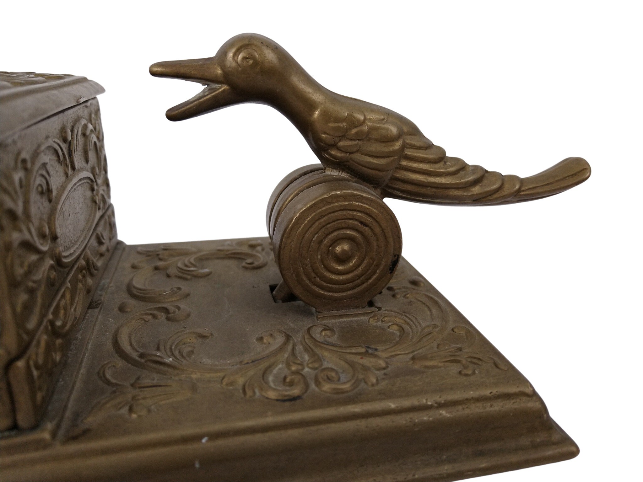 Vintage Brass Cigarette Dispenser Box with Mechanical Bird Figurine