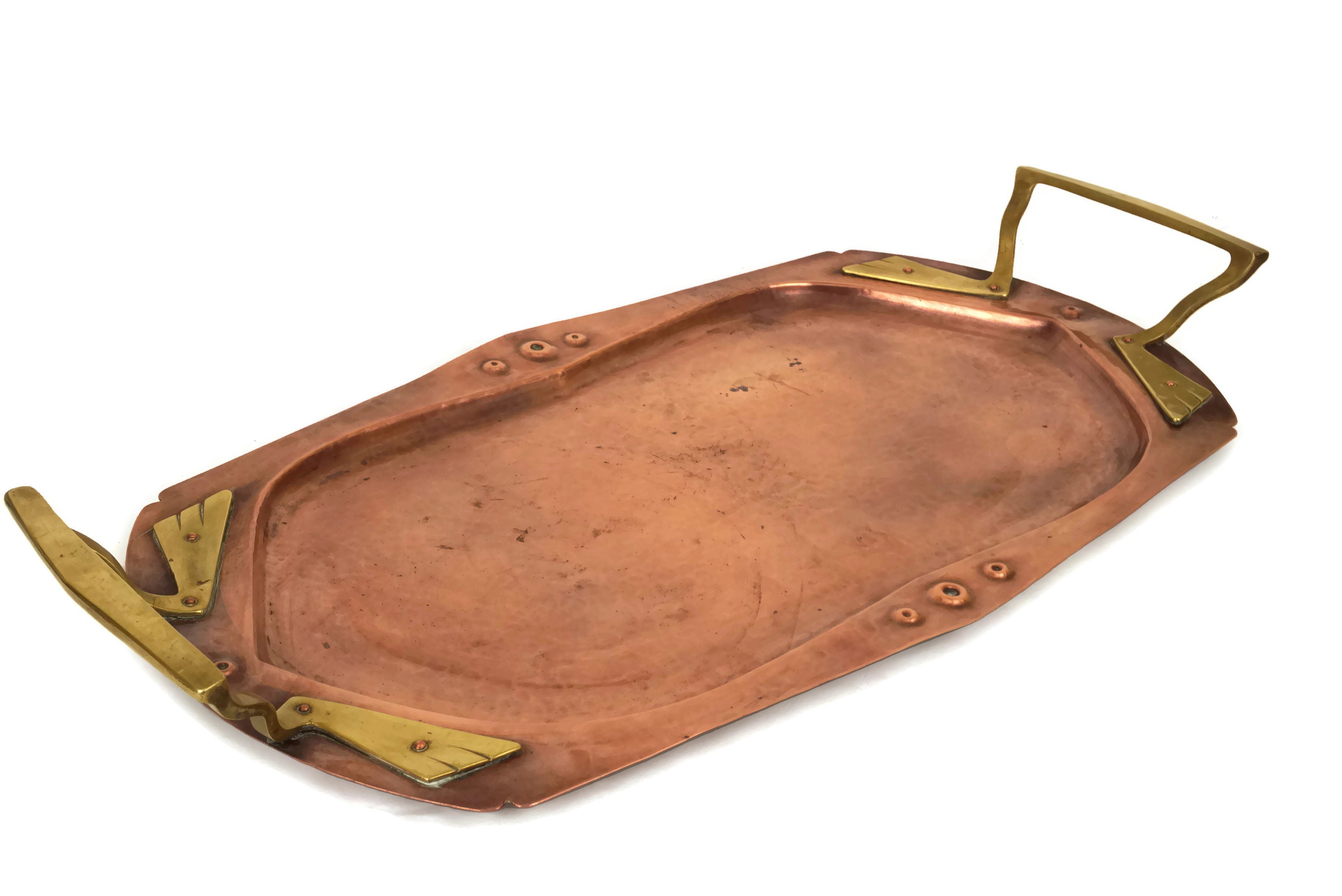 Arts and Crafts Copper Tray with Brass Handles, Hammered Metal Serving