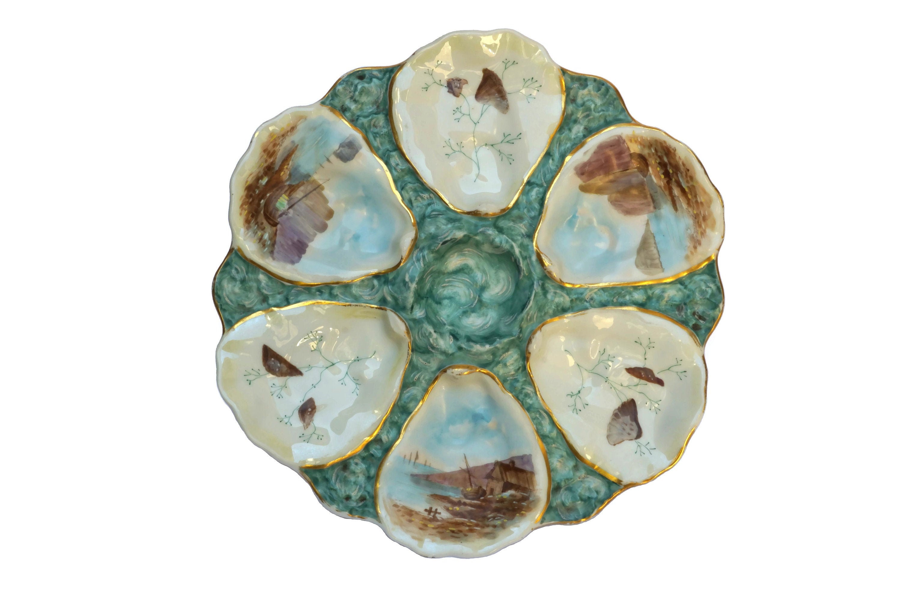 Antique Porcelain Oyster Plate with Hand Painted French Coastal Decor