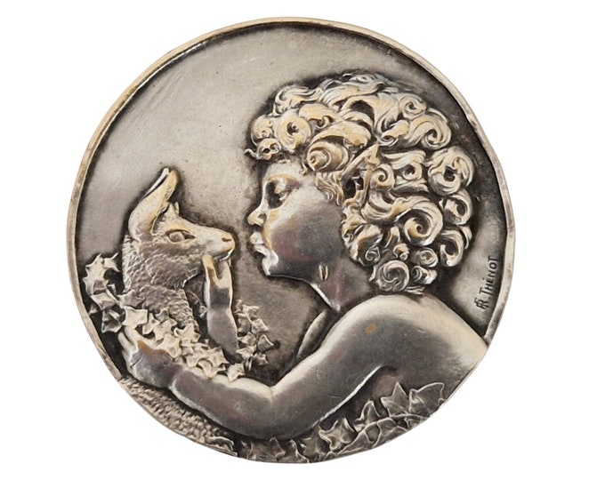 French Art Deco Silver Plated Bronze Medal Brooch with Faun and Goat Kid, Mythological Pan Medallion